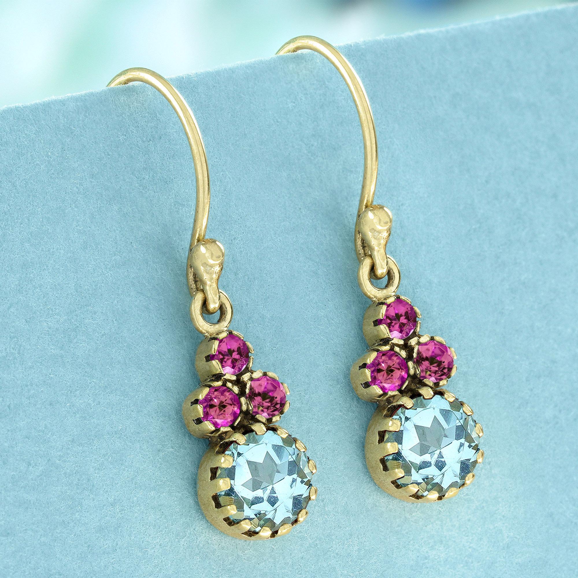 Tropfenohrringe im Vintage-Stil aus 9 Karat Gelbgold mit natürlichem blauem Topas und rosa Turmalin (Edwardian) im Angebot