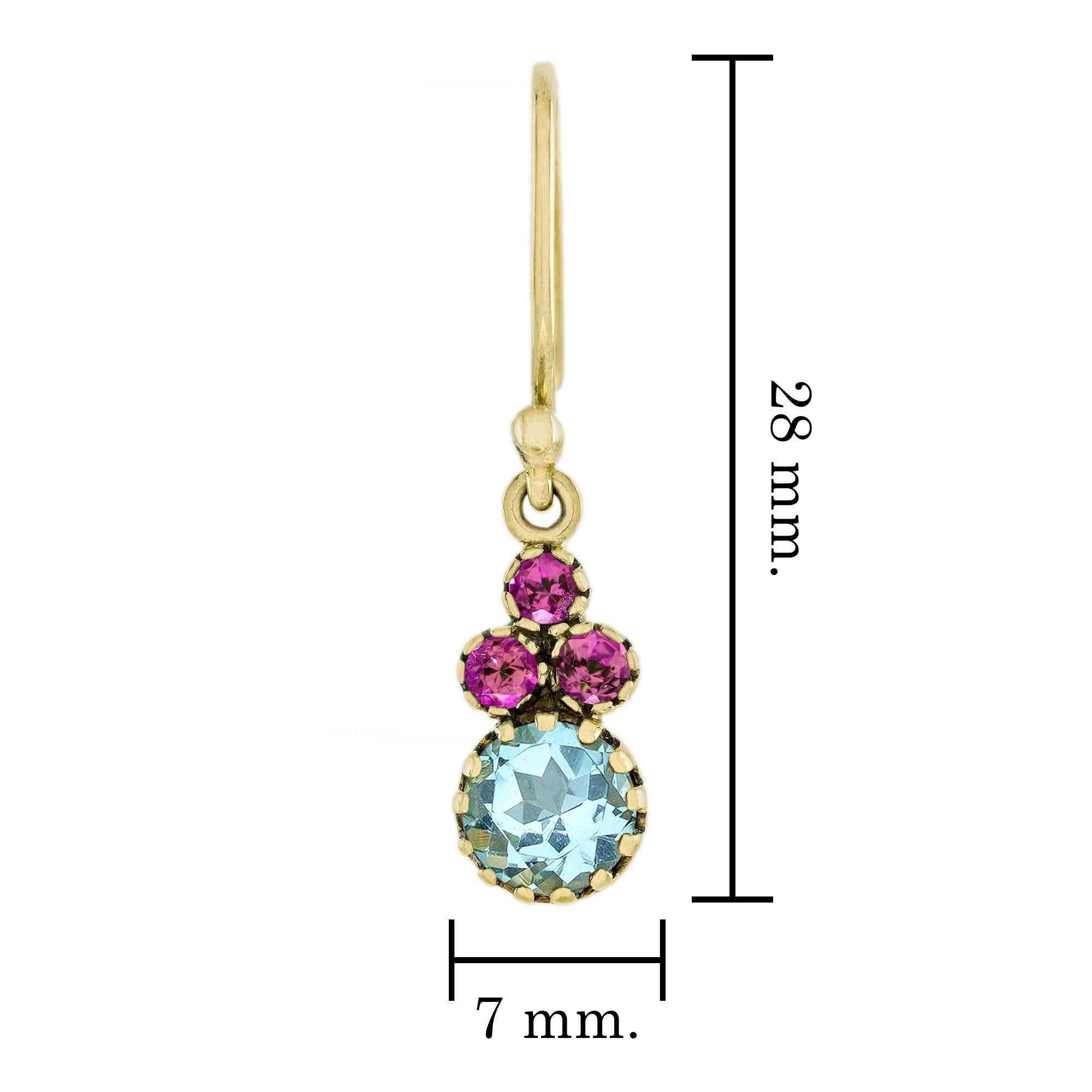Tropfenohrringe im Vintage-Stil aus 9 Karat Gelbgold mit natürlichem blauem Topas und rosa Turmalin im Zustand „Neu“ im Angebot in Bangkok, TH