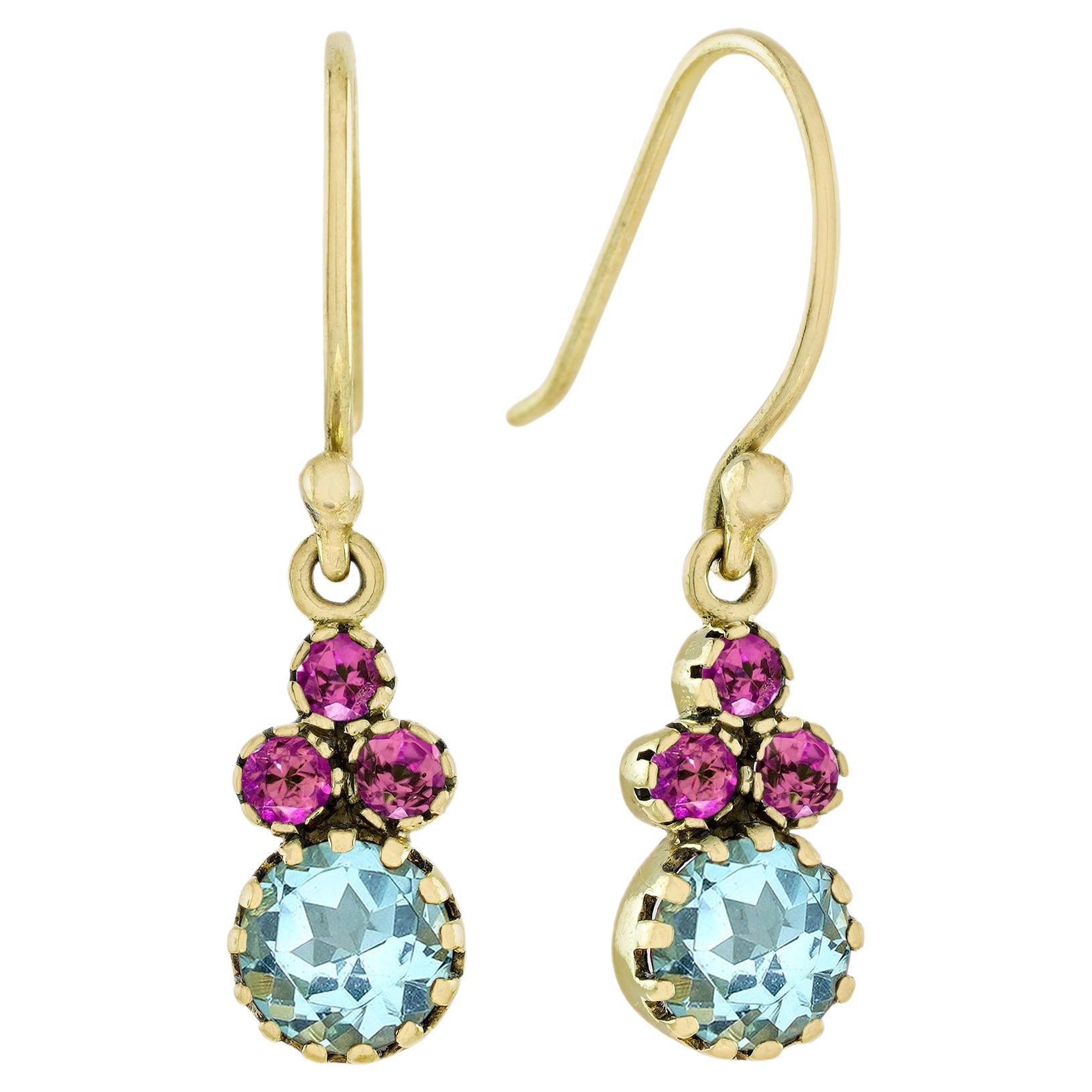 Natural Blue Topaz Pink Tourmaline Vintage Style Drop Earrings in 9K Yellow Gold