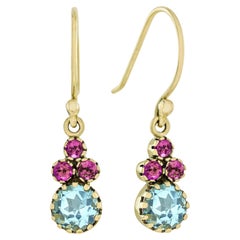Orecchini a goccia in stile vintage in oro giallo 9K con tormalina rosa e topazio blu naturale