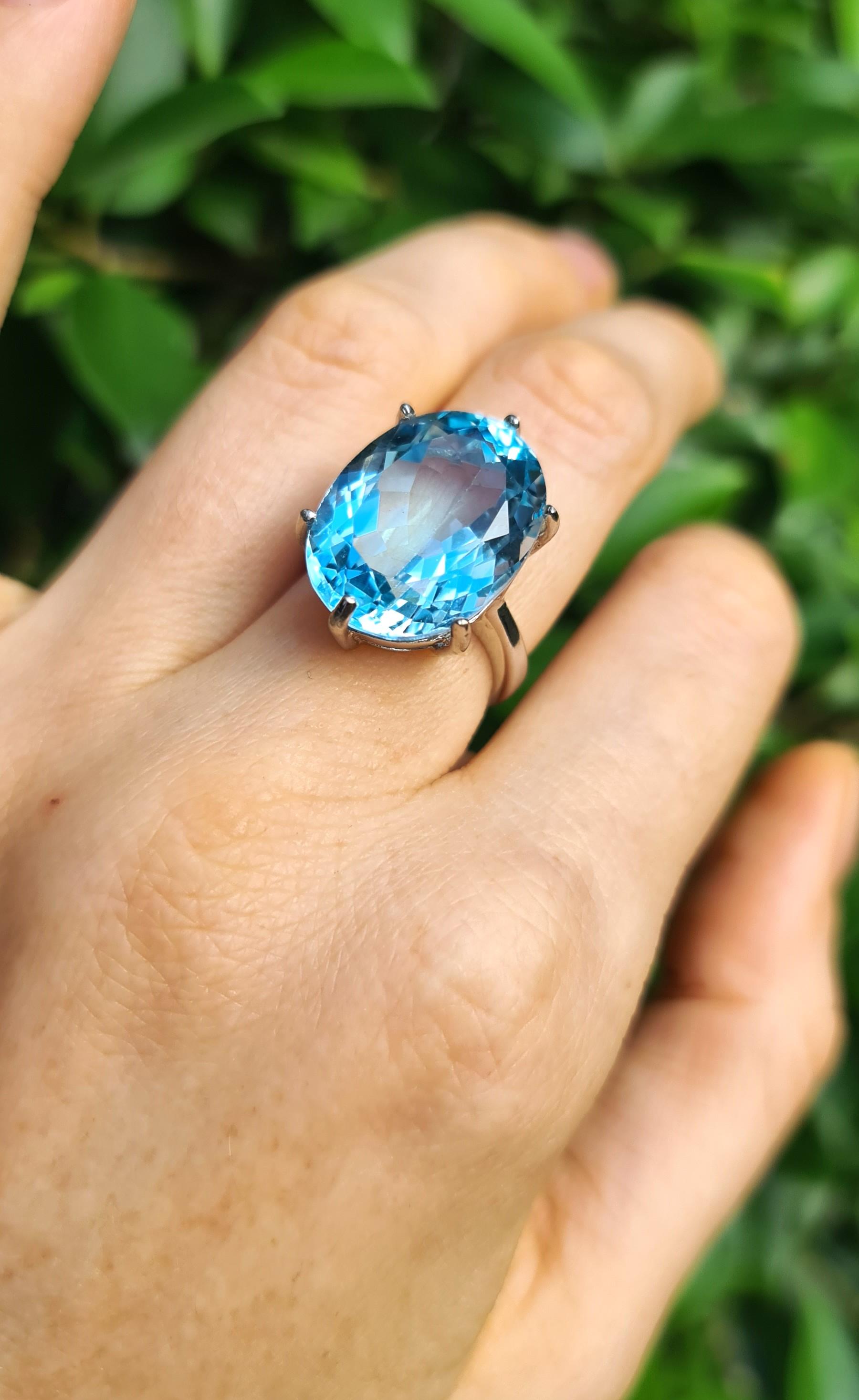 Oval Cut Huge 15ct Natural Blue Topaz Ring Sterling Silver Rhodium Plated