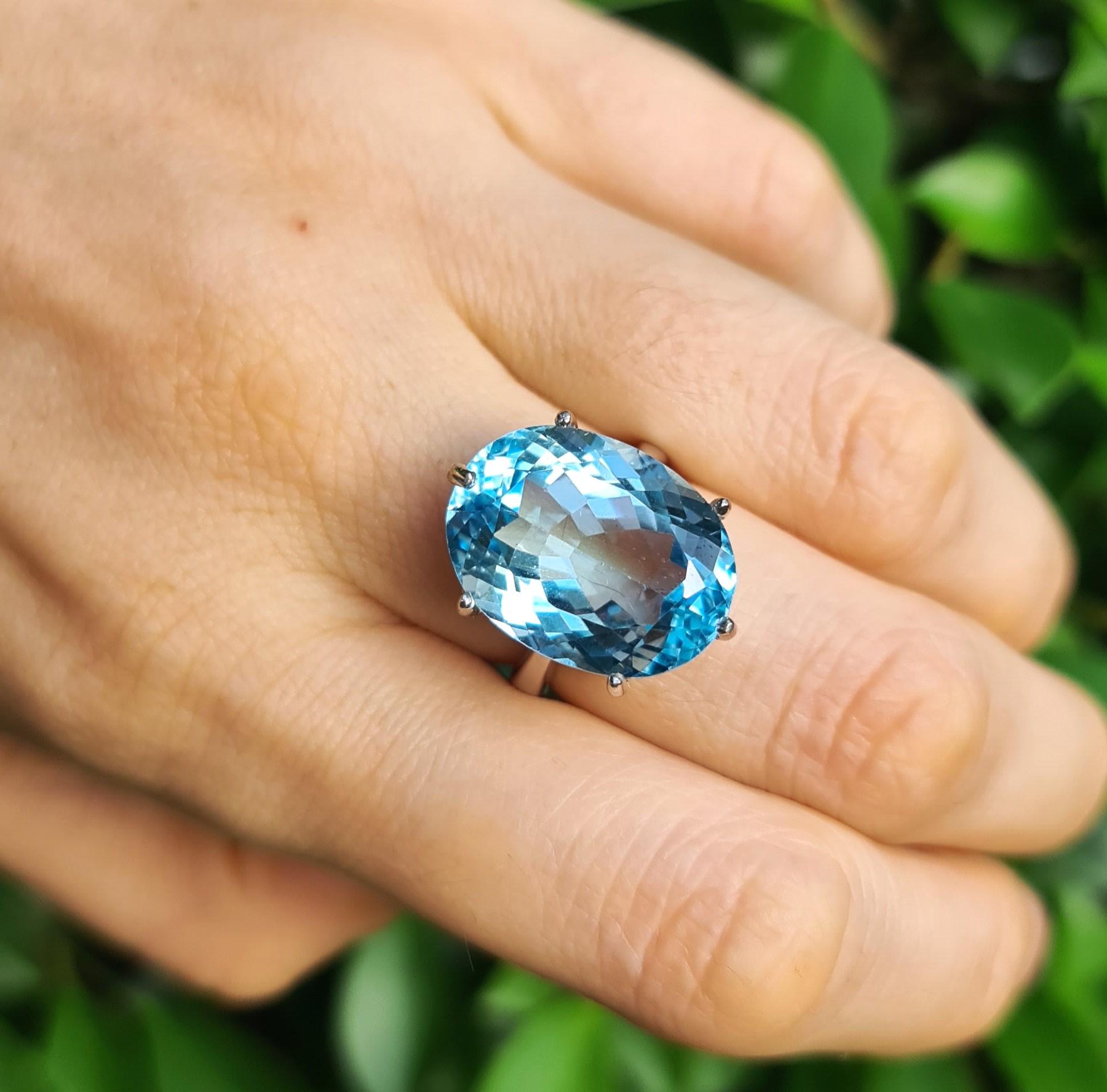 Huge 15ct Natural Blue Topaz Ring Sterling Silver Rhodium Plated In New Condition In Los Angeles, CA