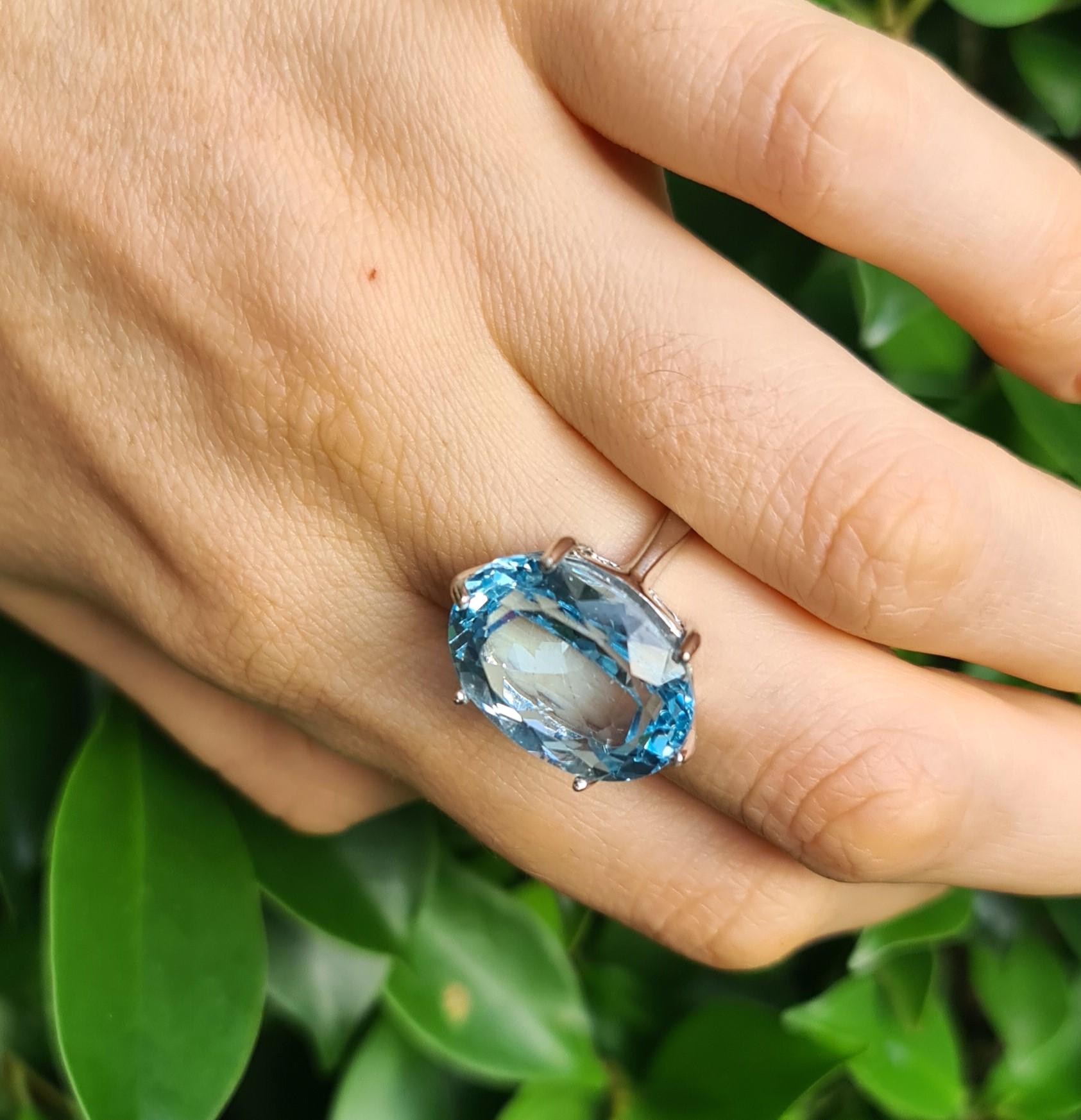 Women's Huge 15ct Natural Blue Topaz Ring Sterling Silver Rhodium Plated