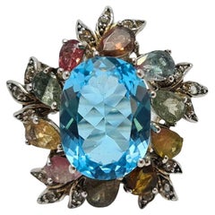 Huge 9ct Blue Topaz Ring Sterling Silver Tourmaline Gemstones Rhodium Plated