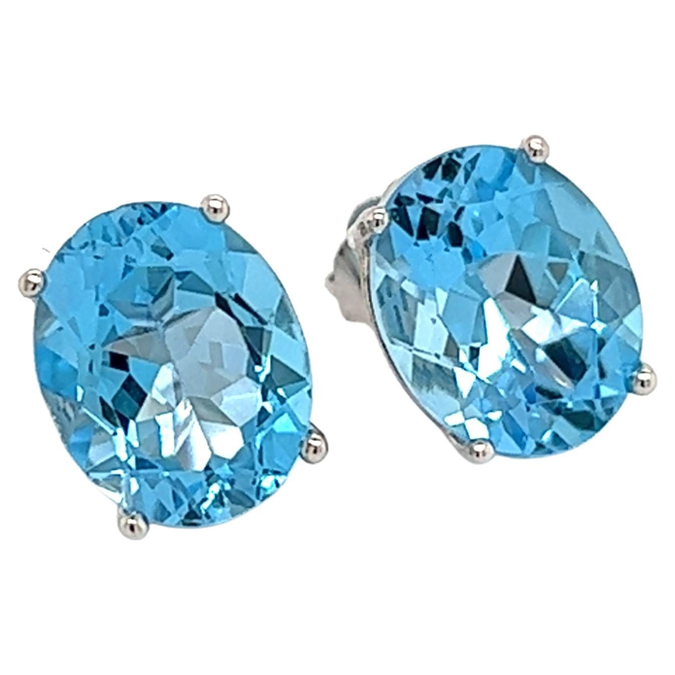 Blue Topaz Earrings, 14 Karat White Gold Large Oval Blue Stud Earrings