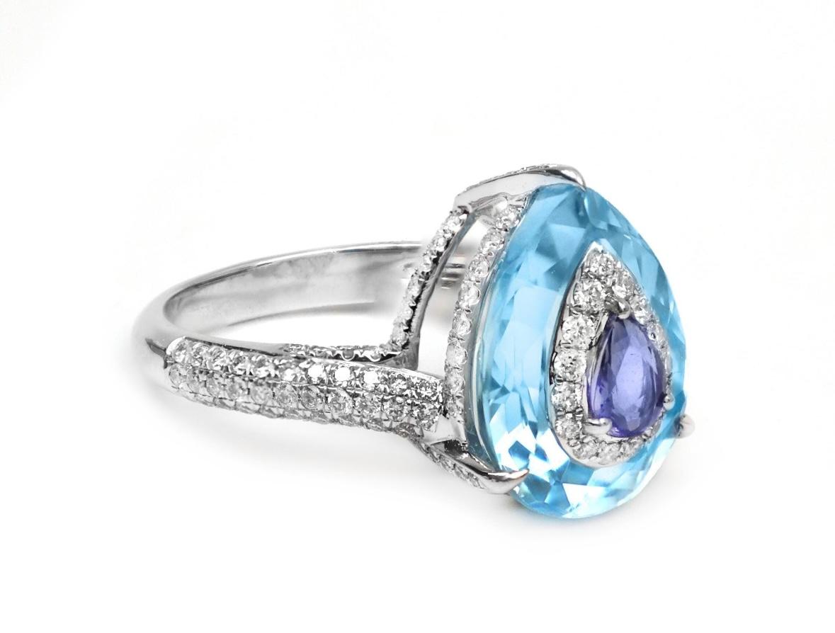 Women's Natural blue topaz & tanzanite & diamond ring 18k gold