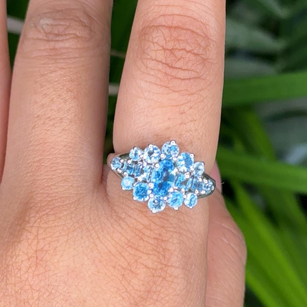 For Sale:  Natural Blue Topaz Tier Cluster Promise Ring for Mother in Solid Silver 2