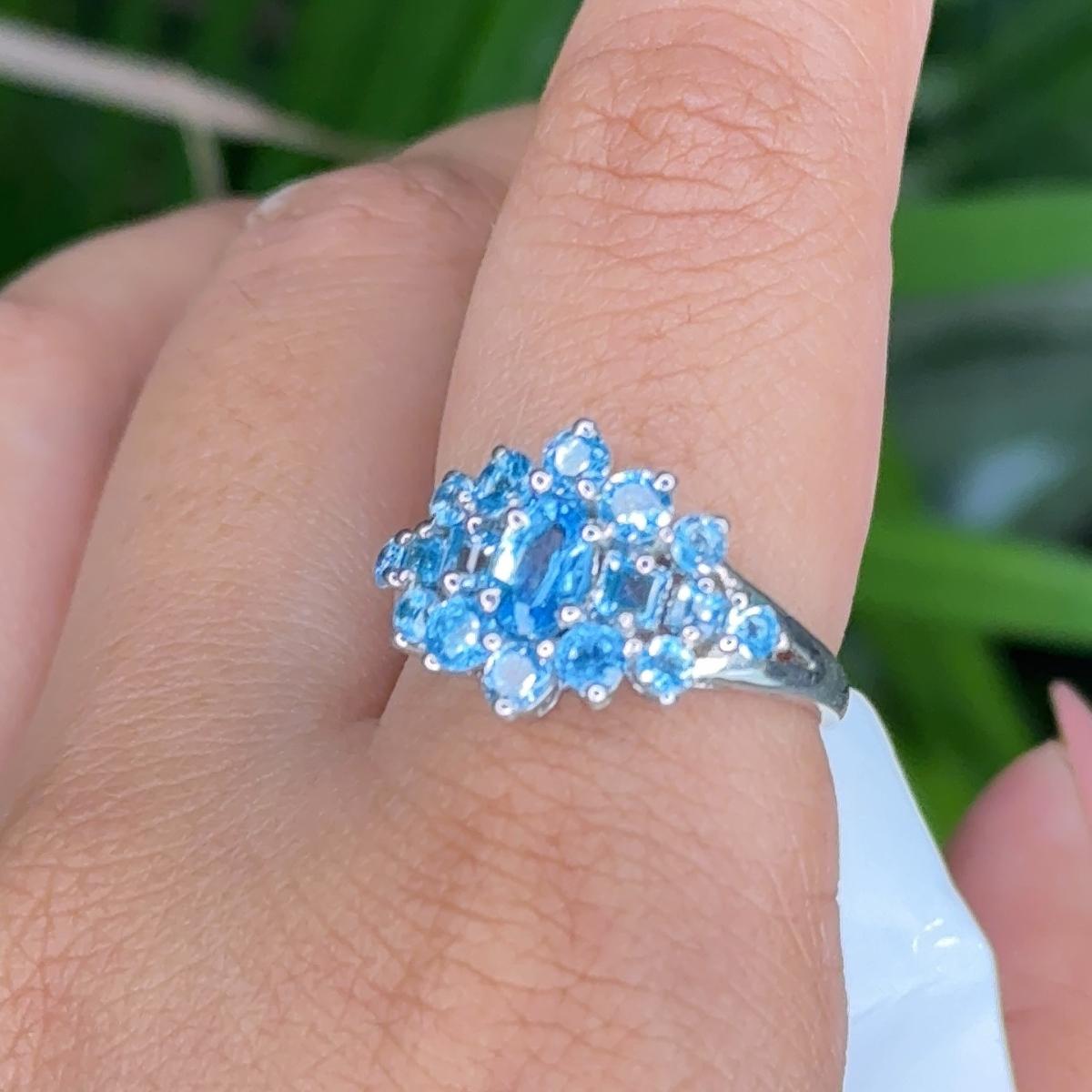 For Sale:  Natural Blue Topaz Tier Cluster Promise Ring for Mother in Solid Silver 6