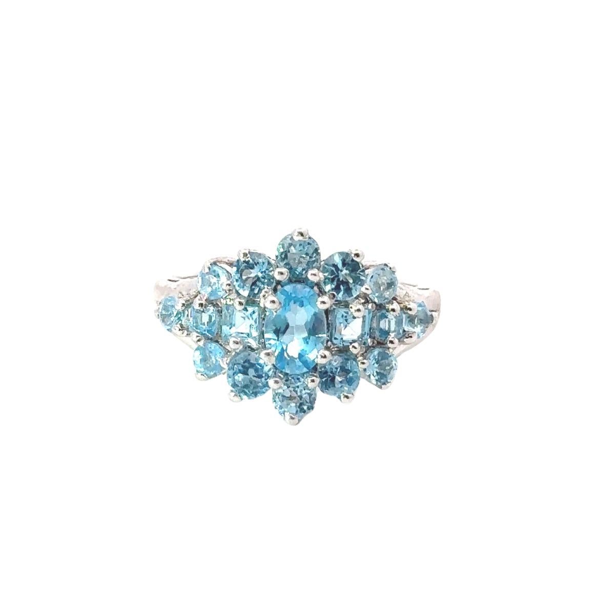 For Sale:  Natural Blue Topaz Tier Cluster Promise Ring for Mother in Solid Silver 9