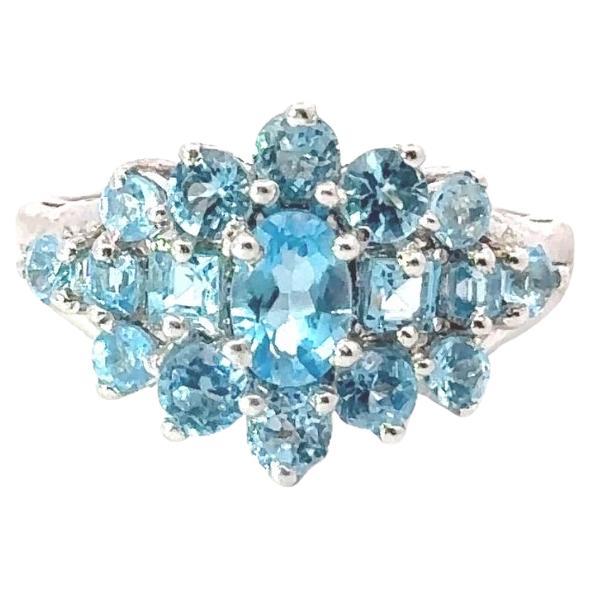 For Sale:  Natural Blue Topaz Tier Cluster Promise Ring for Mother in Solid Silver