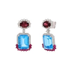 Natural Blue Topaz, Tourmaline & Diamond Earring in 18k Gold