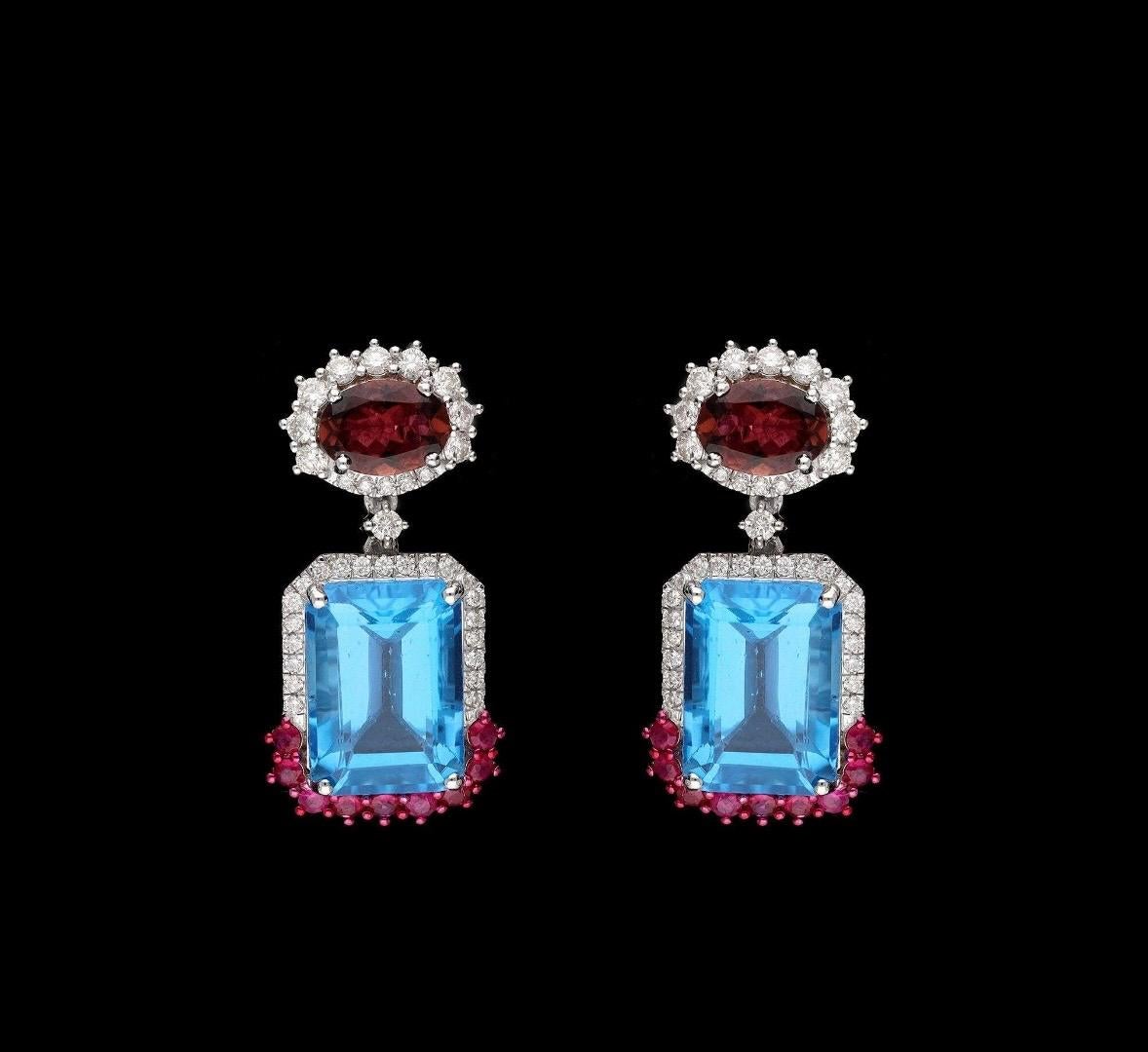 Taille Asscher Boucle d'oreille en or 18k avec topaze bleue naturelle, tourmaline et diamant en vente