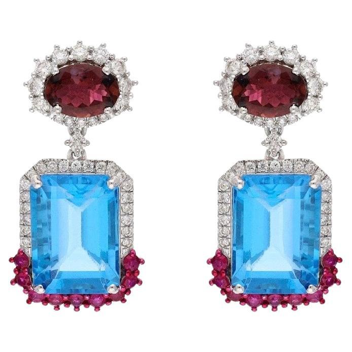 Orecchino con topazio blu naturale, tormalina e diamante in oro 18 carati