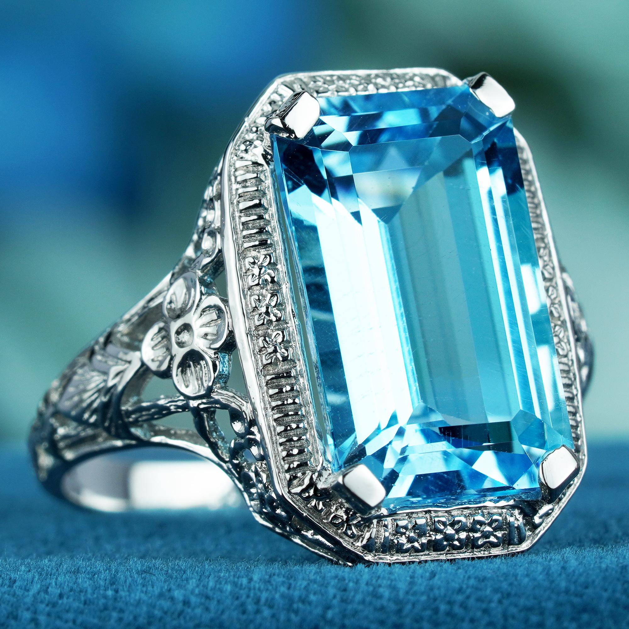 Édouardien Bague cocktail de style vintage en or blanc massif 9 carats avec topaze bleue naturelle en vente