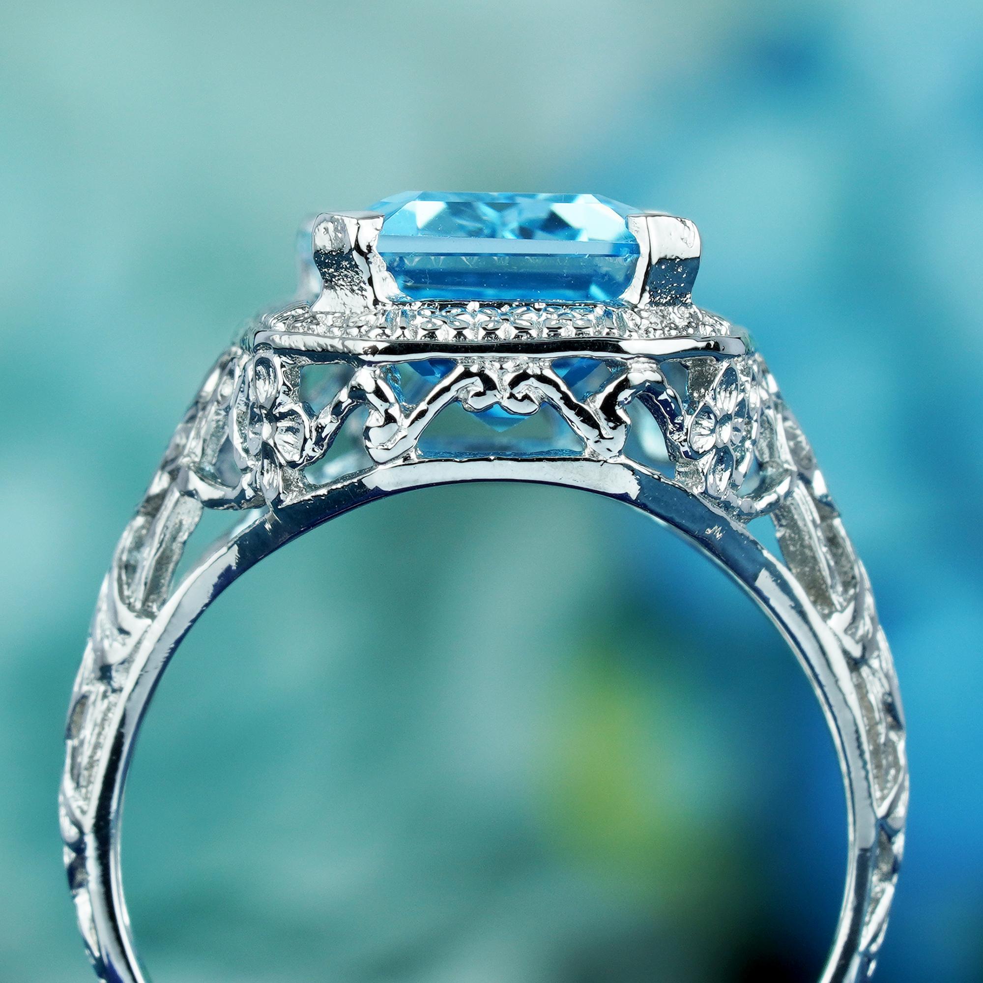 Bague cocktail de style vintage en or blanc massif 9 carats avec topaze bleue naturelle Neuf - En vente à Bangkok, TH