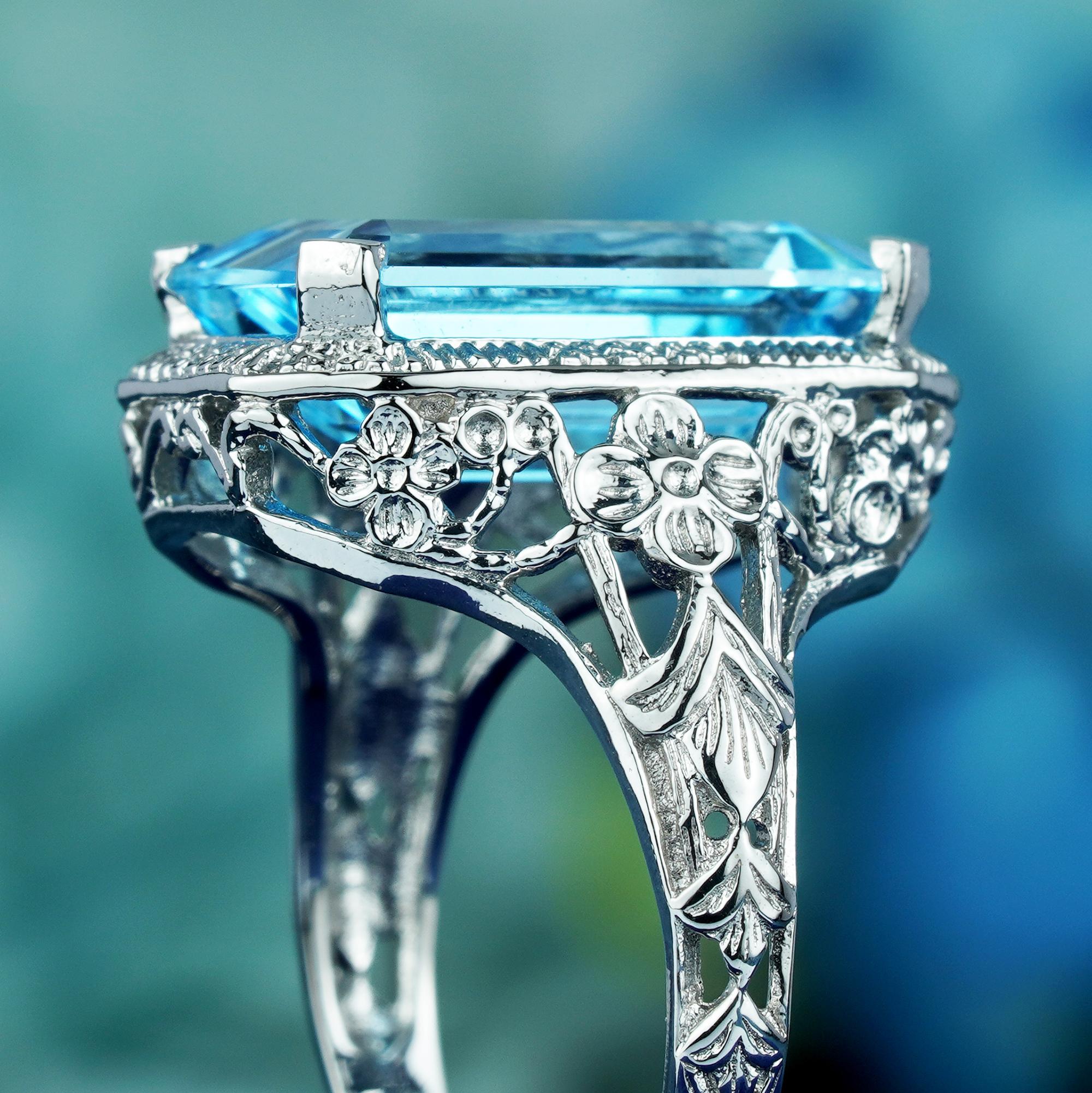 Bague cocktail de style vintage en or blanc massif 9 carats avec topaze bleue naturelle Pour femmes en vente