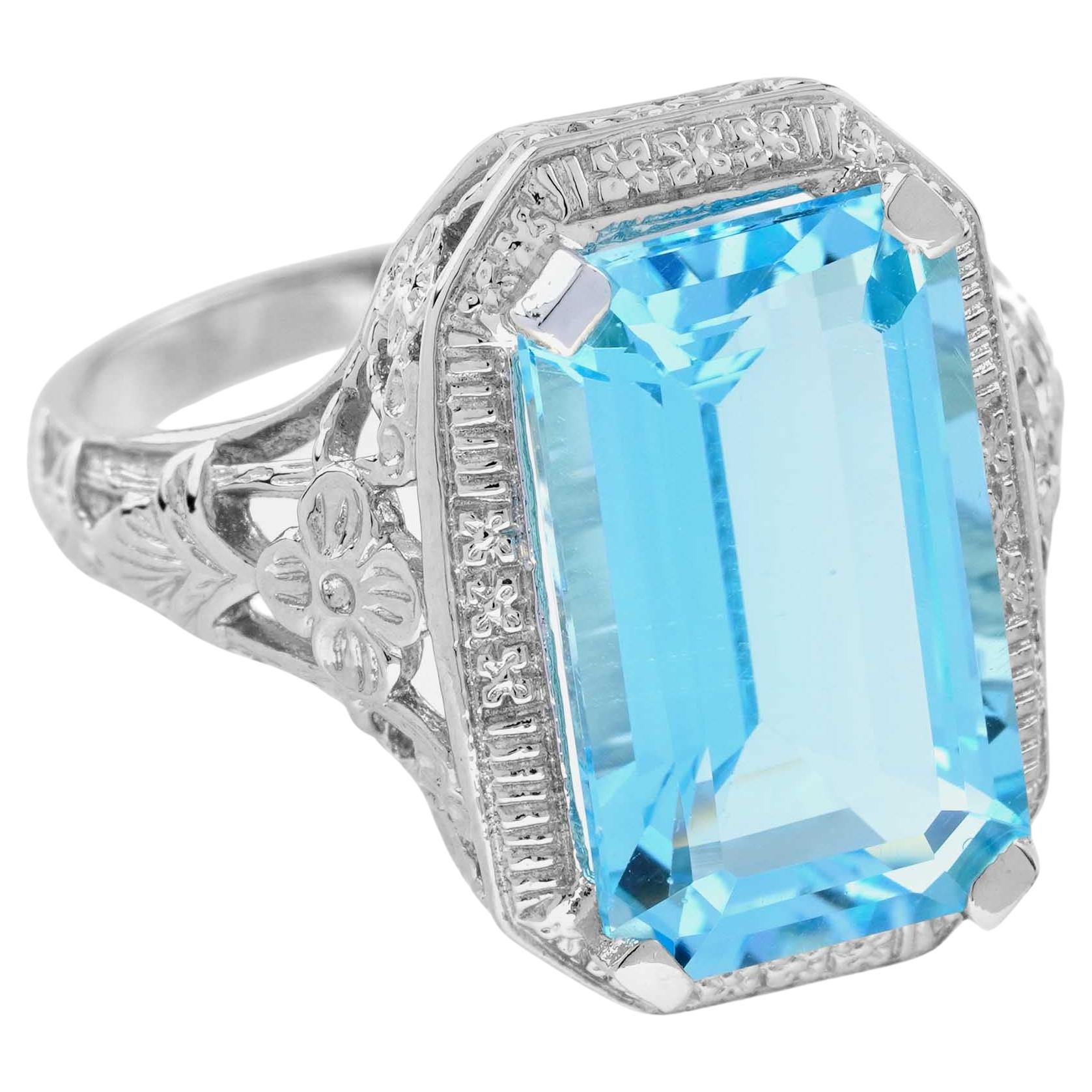 Natural Blue Topaz Vintage Style Cocktail Ring in Solid 9K White Gold