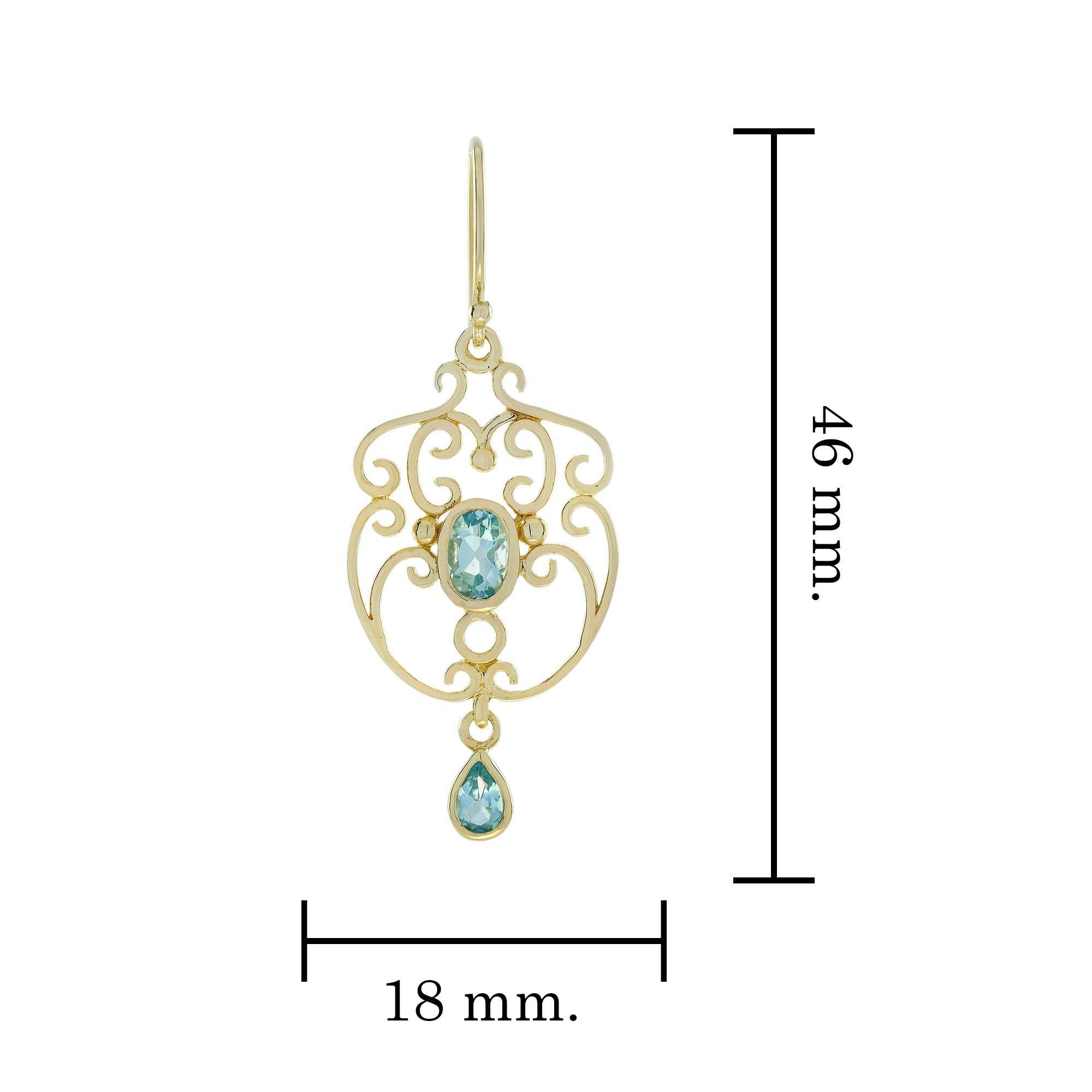 Pendientes colgantes estilo vintage de topacio azul natural en oro macizo de 9 quilates en Nuevo estado para la venta en Bangkok, TH