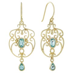 Boucles d'oreilles pendantes en or massif 9K avec topaze bleue naturelle de style vintage