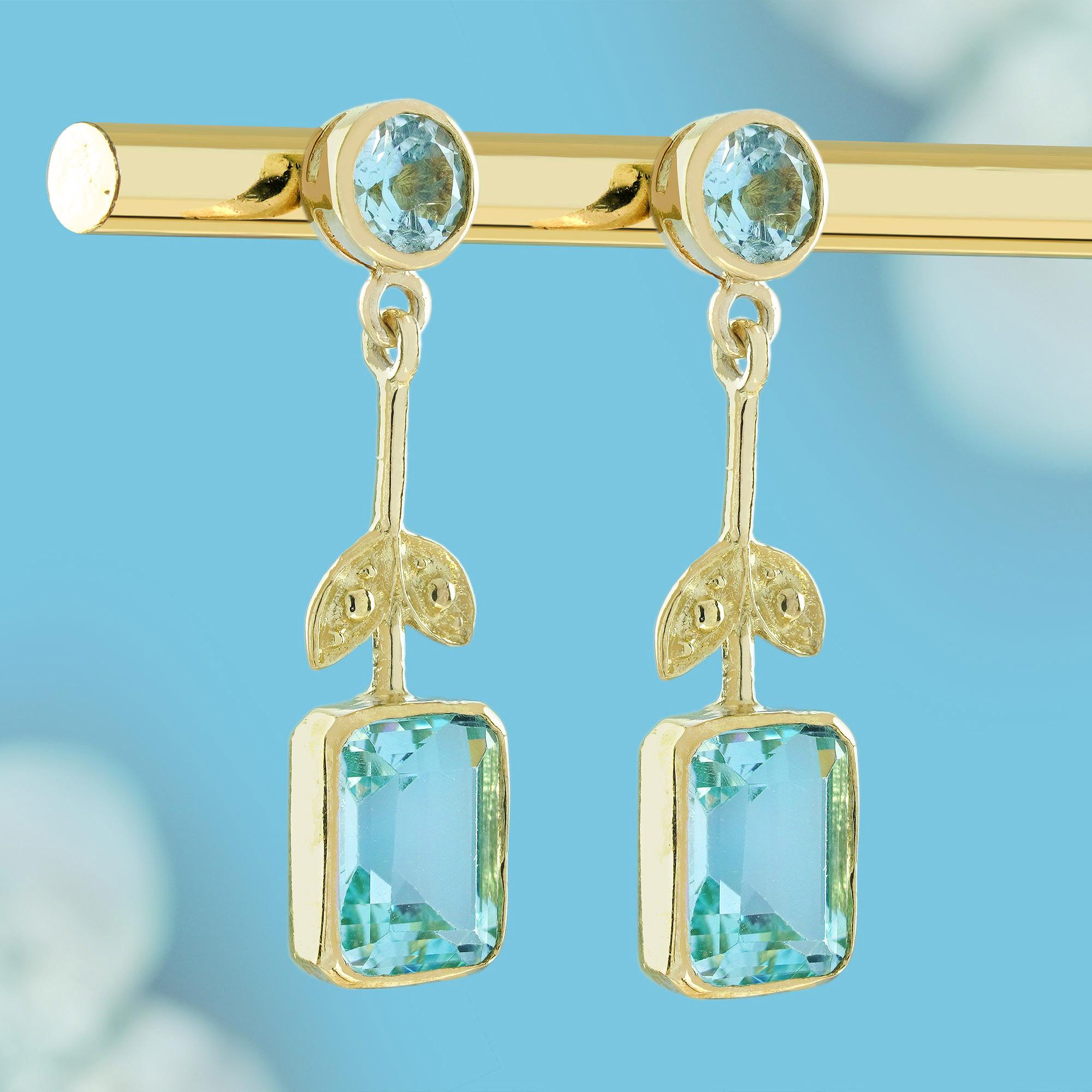 Pendientes de gota estilo vintage de topacio azul natural en oro amarillo macizo de 9 quilates Eduardiano en venta