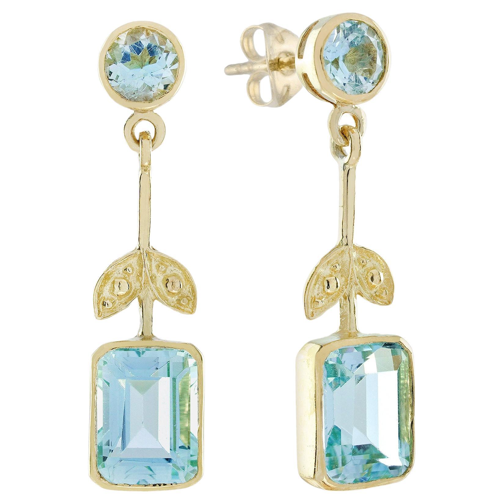 Natürlicher blauer Topas Vintage-Tropfen-Ohrringe im Vintage-Stil aus massivem 9K Gelbgold