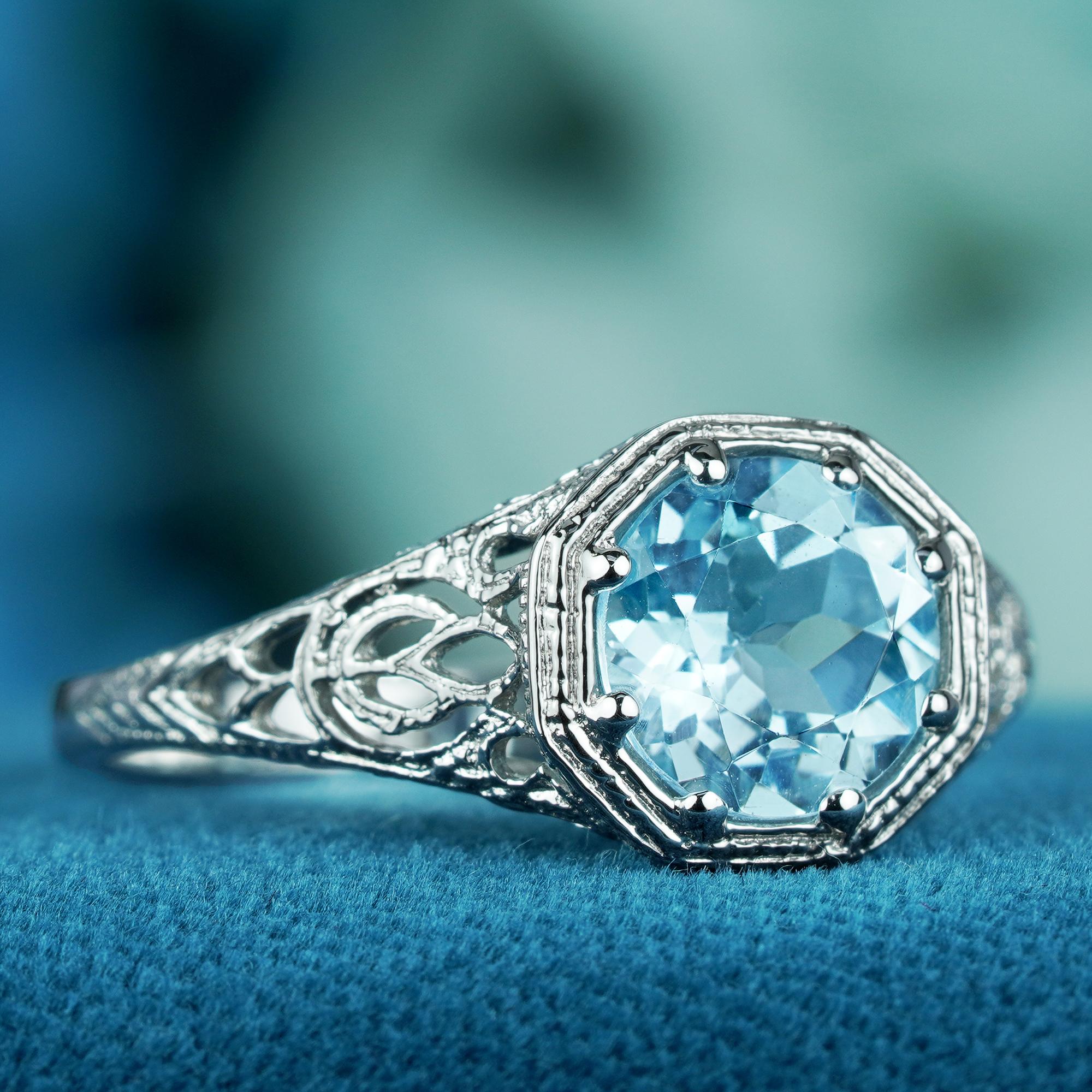 For Sale:  Natural Blue Topaz Vintage Style Eight Prong Ring in Solid 9K White Gold 2