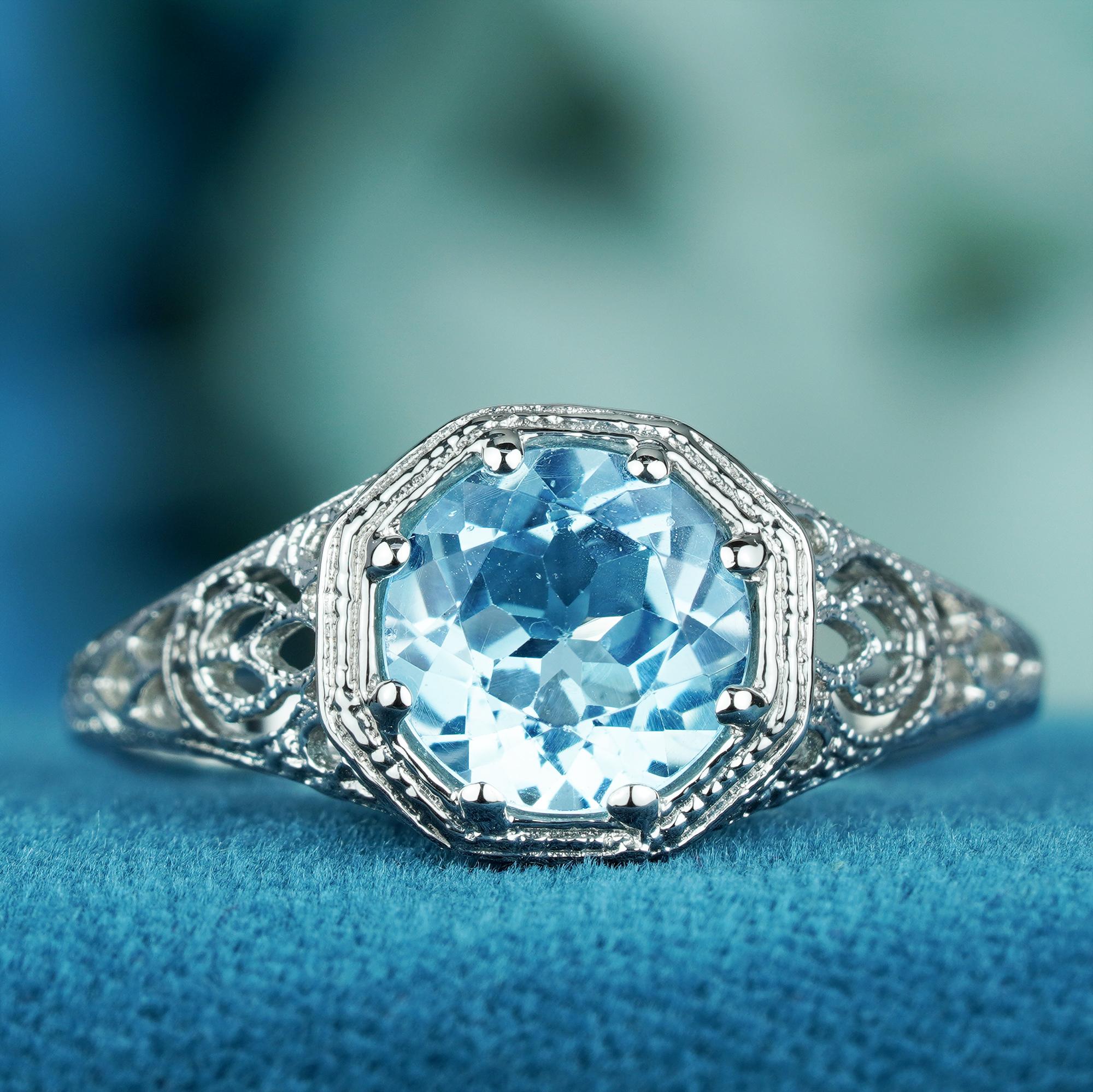 For Sale:  Natural Blue Topaz Vintage Style Eight Prong Ring in Solid 9K White Gold 3