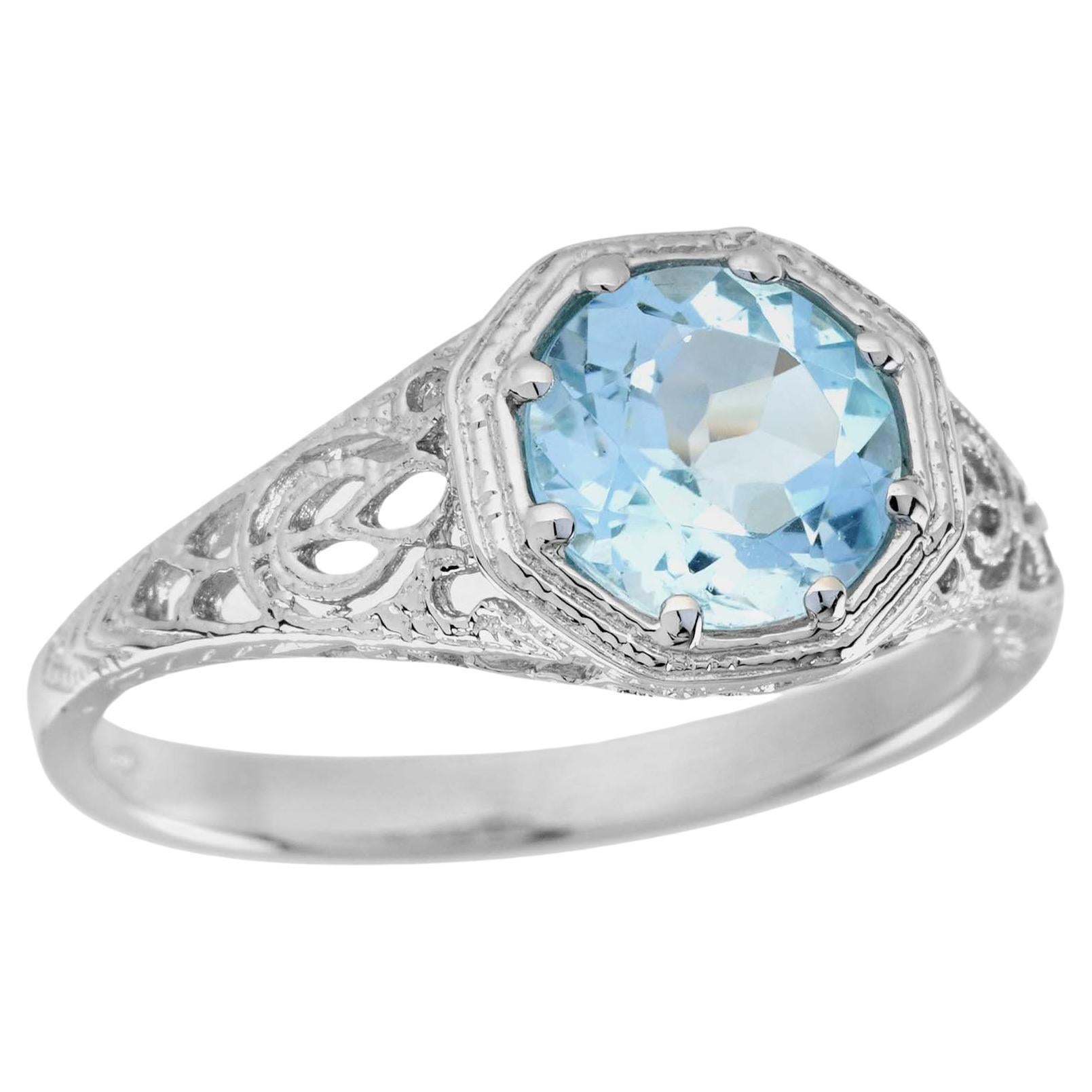 For Sale:  Natural Blue Topaz Vintage Style Eight Prong Ring in Solid 9K White Gold
