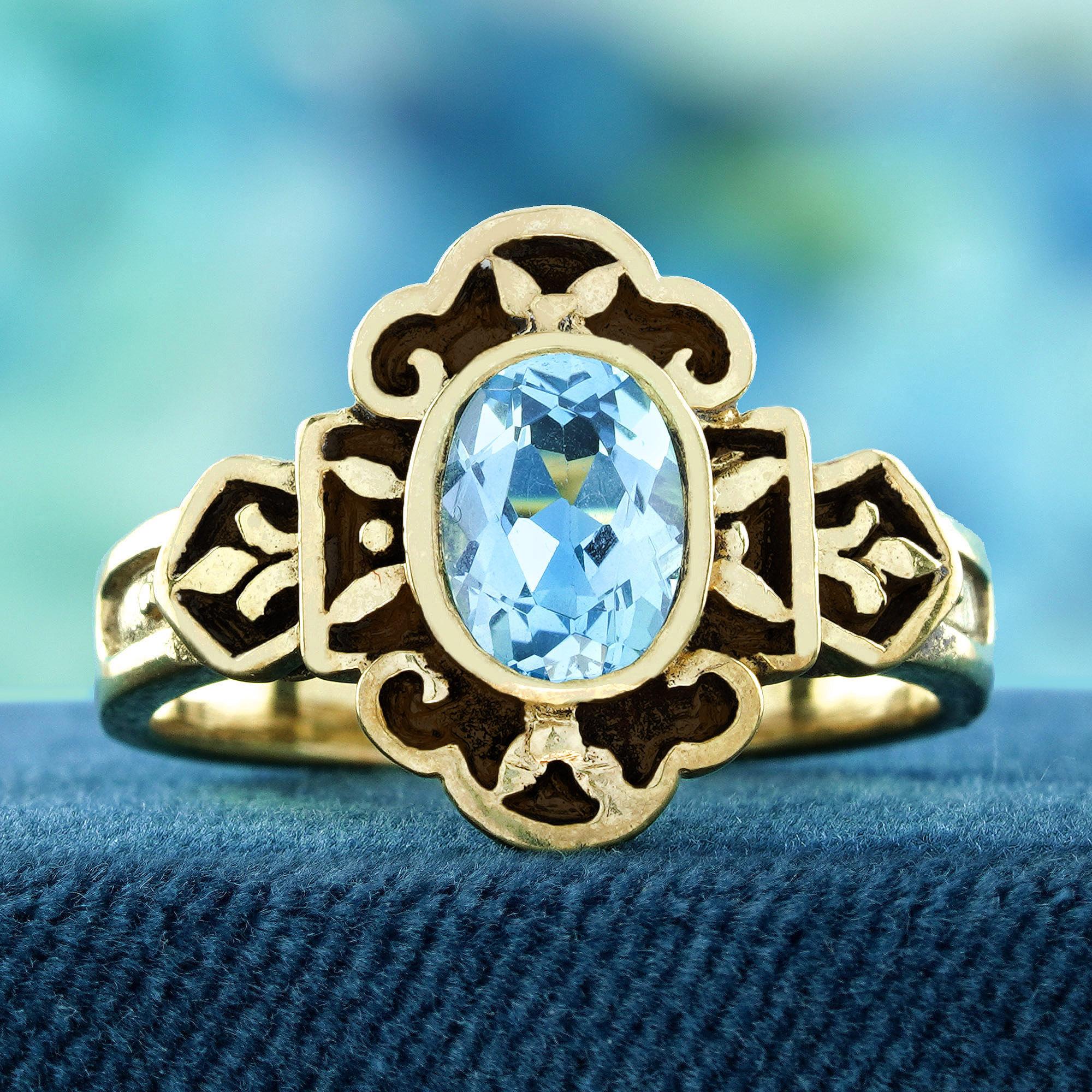 This Natural Blue Topaz Vintage Style Engraved ring is designed with a dazzling natural blue topaz, known for its enchanting sky blue hue, making it a perfect choice for anyone seeking a delicate touch of color in their collection. Crafted from