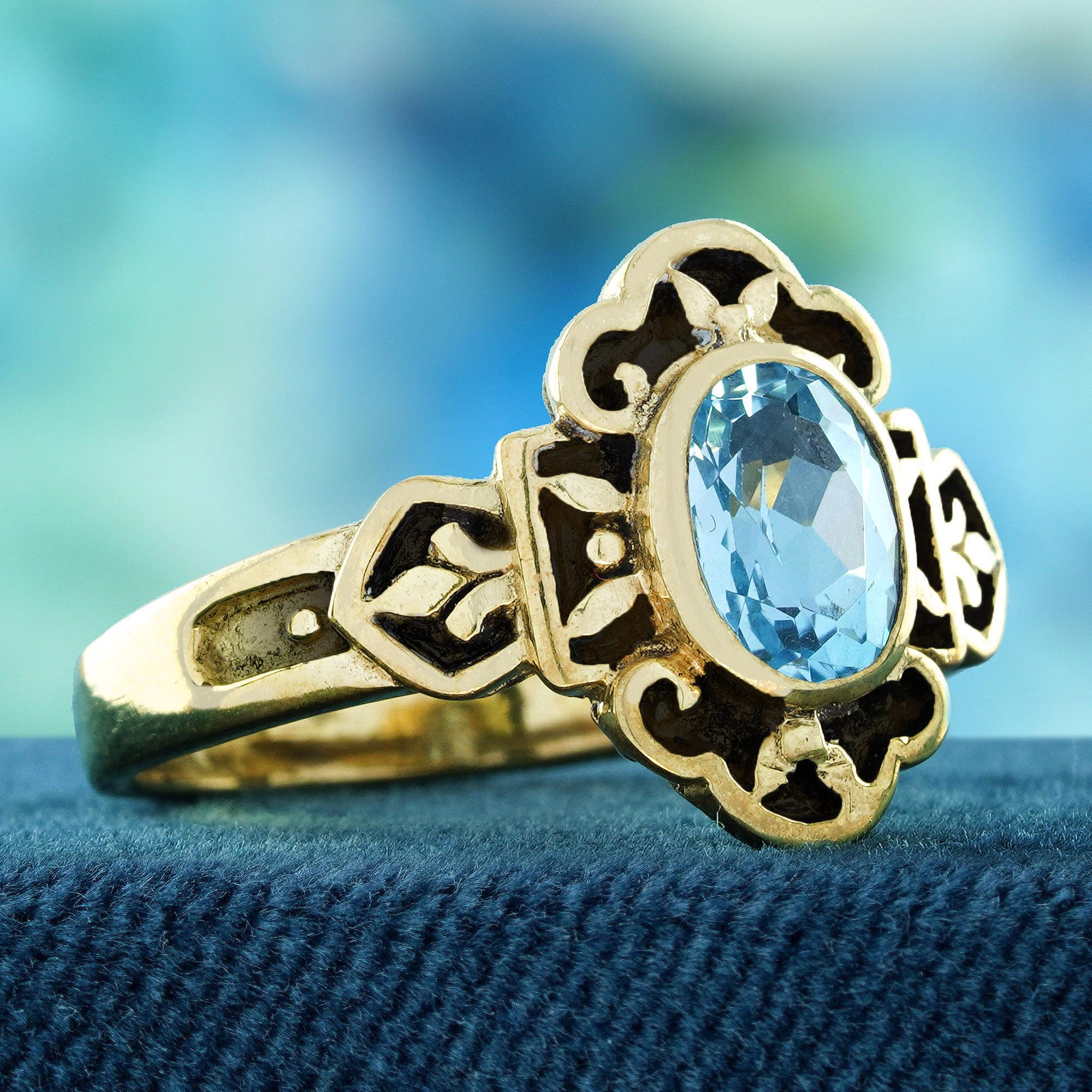 Edwardian Natural Blue Topaz Vintage Style Engraved Ring in Solid 9K Yellow Gold For Sale