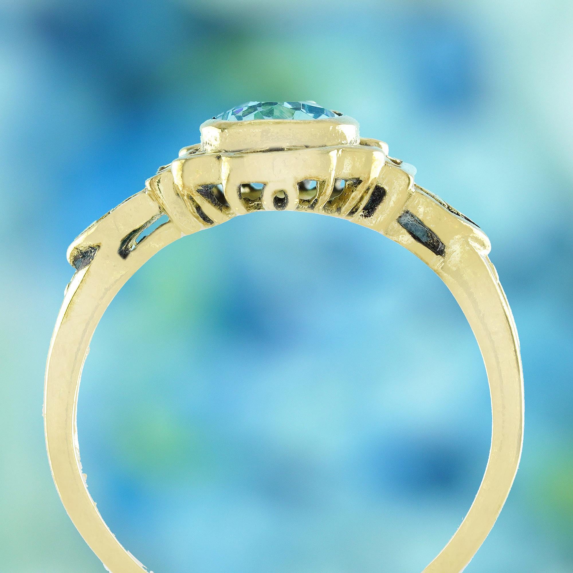 Natural Blue Topaz Vintage Style Engraved Ring in Solid 9K Yellow Gold In New Condition For Sale In Bangkok, TH