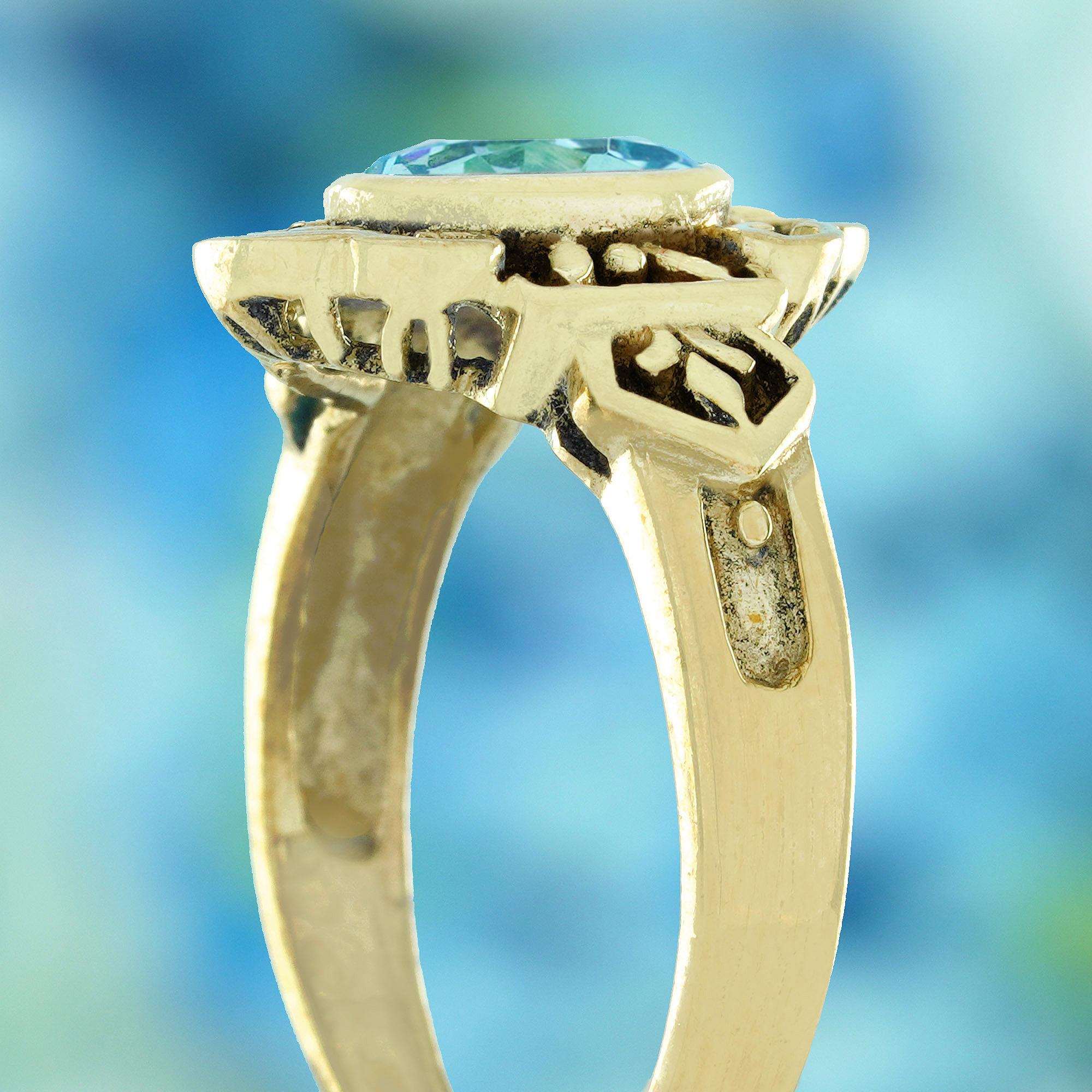 Women's Natural Blue Topaz Vintage Style Engraved Ring in Solid 9K Yellow Gold For Sale