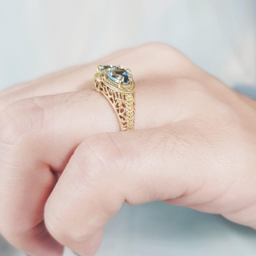 For Sale:  Natural Blue Topaz Vintage Style Filigree Double Stone Ring in Solid 9K Gold 12