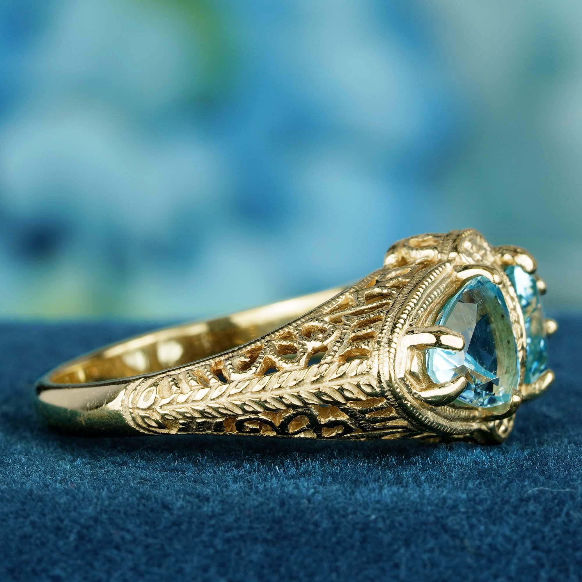 For Sale:  Natural Blue Topaz Vintage Style Filigree Double Stone Ring in Solid 9K Gold 4