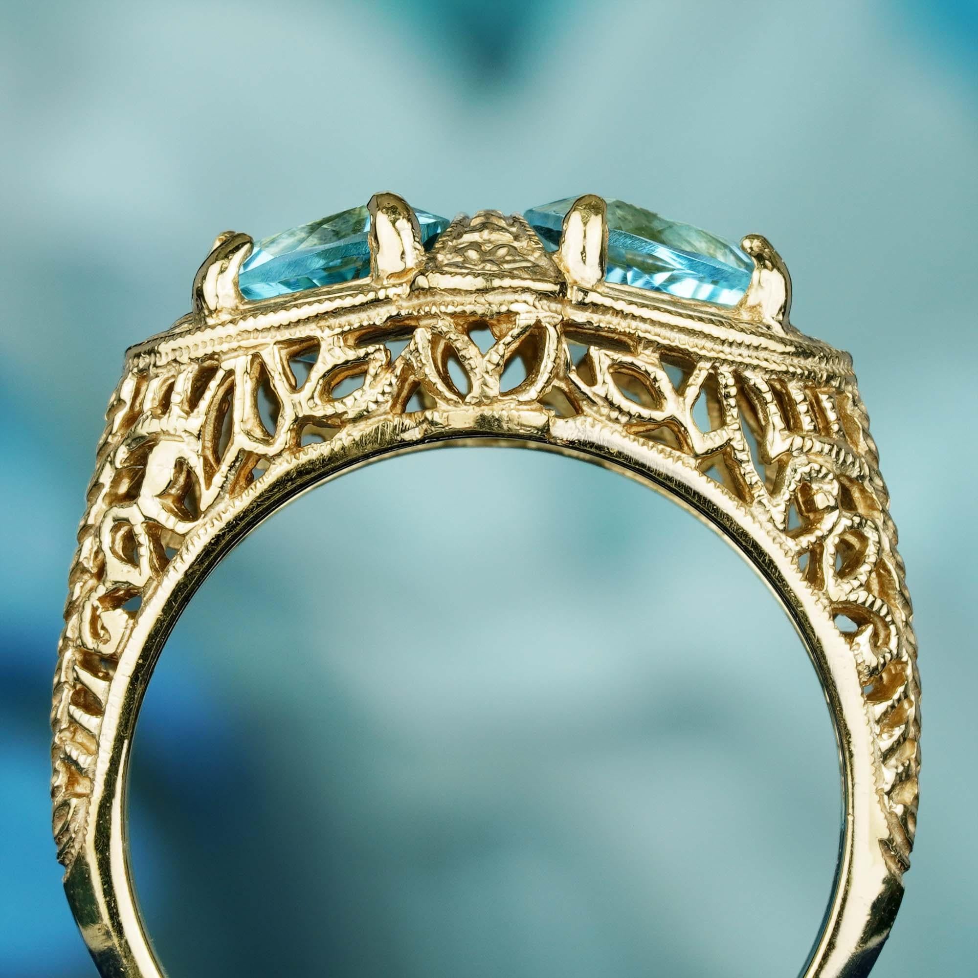For Sale:  Natural Blue Topaz Vintage Style Filigree Double Stone Ring in Solid 9K Gold 5