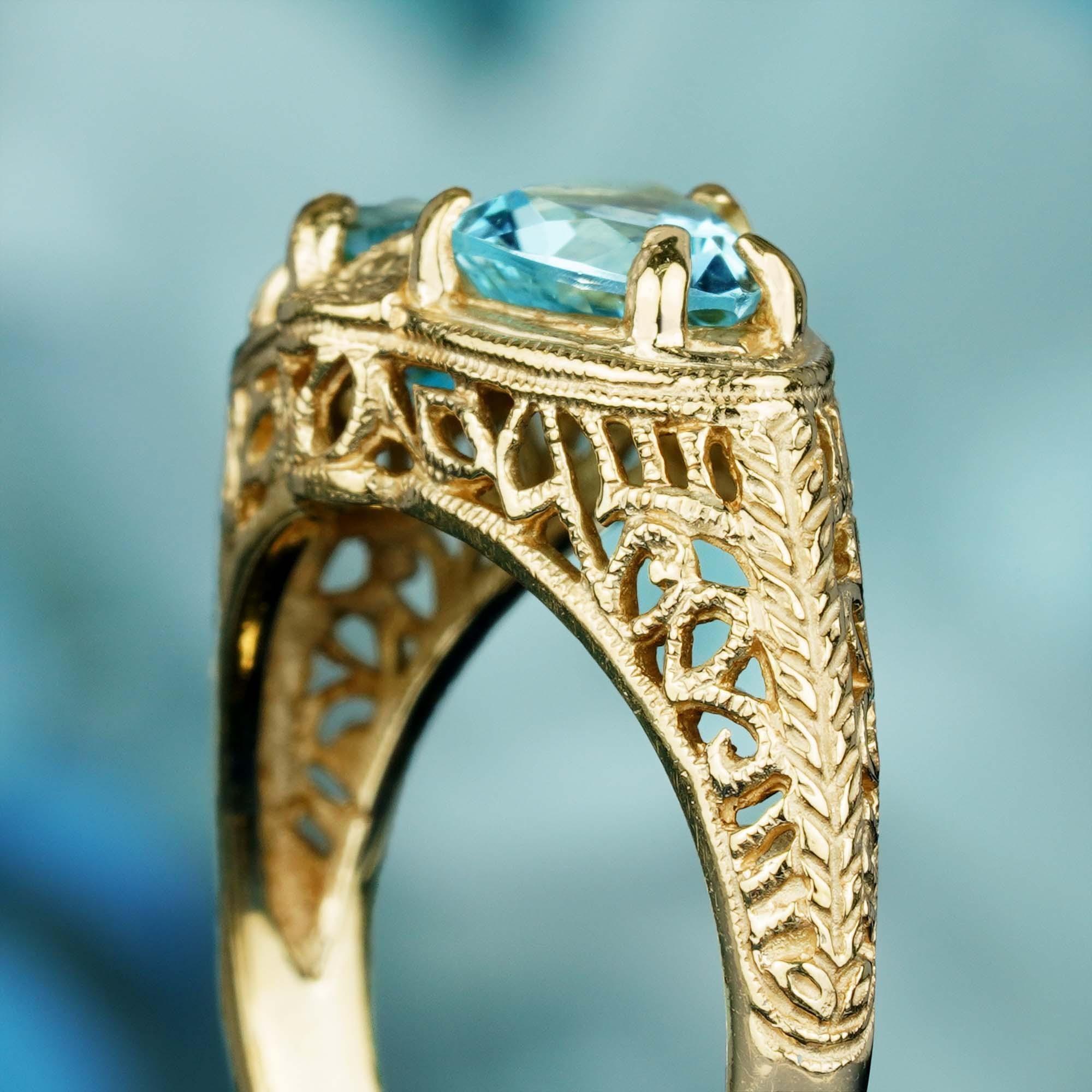 Im Angebot: Filigraner Doppelsteinring aus massivem 9K Gold mit natürlichem blauem Topas im Vintage-Stil () 6