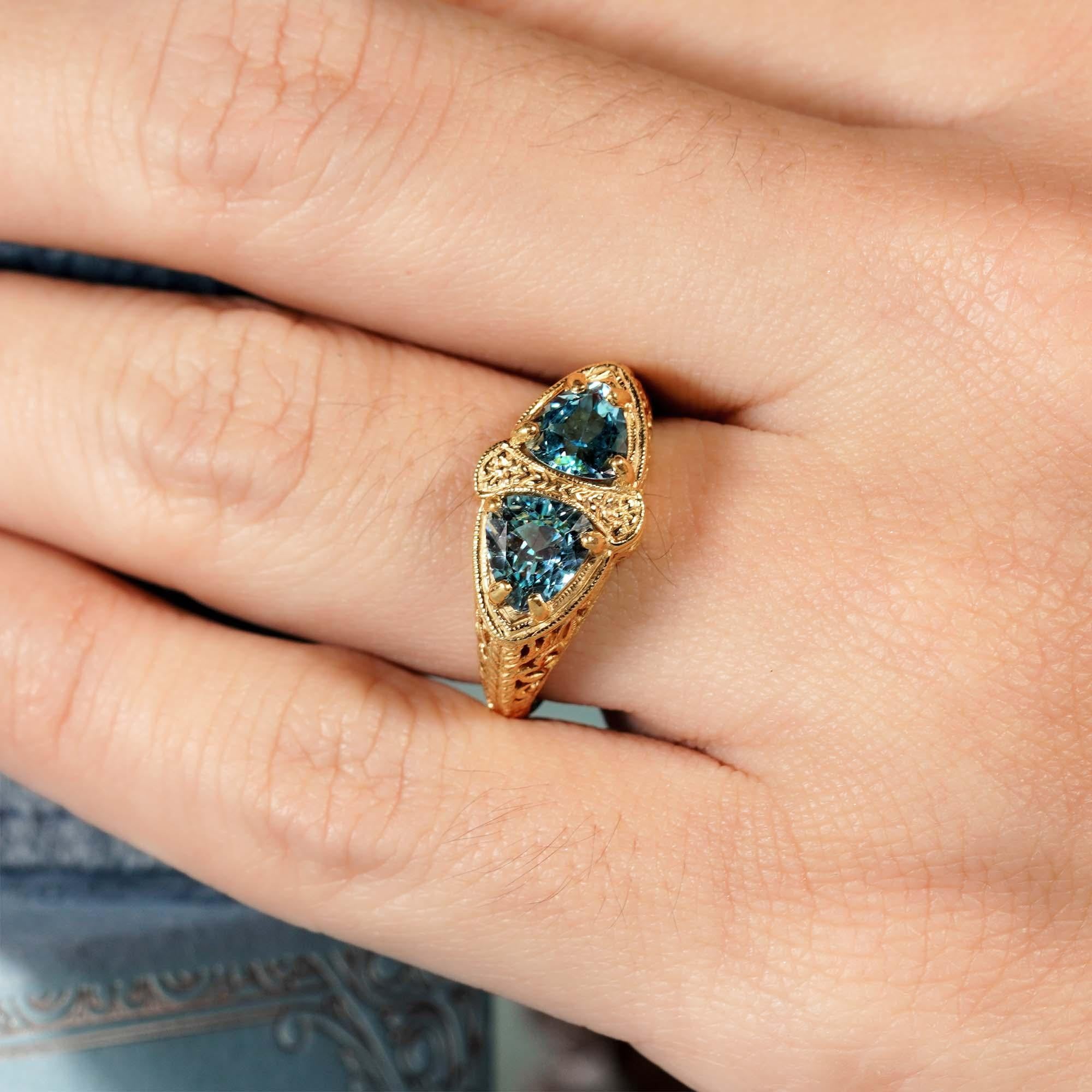 For Sale:  Natural Blue Topaz Vintage Style Filigree Double Stone Ring in Solid 9K Gold 7