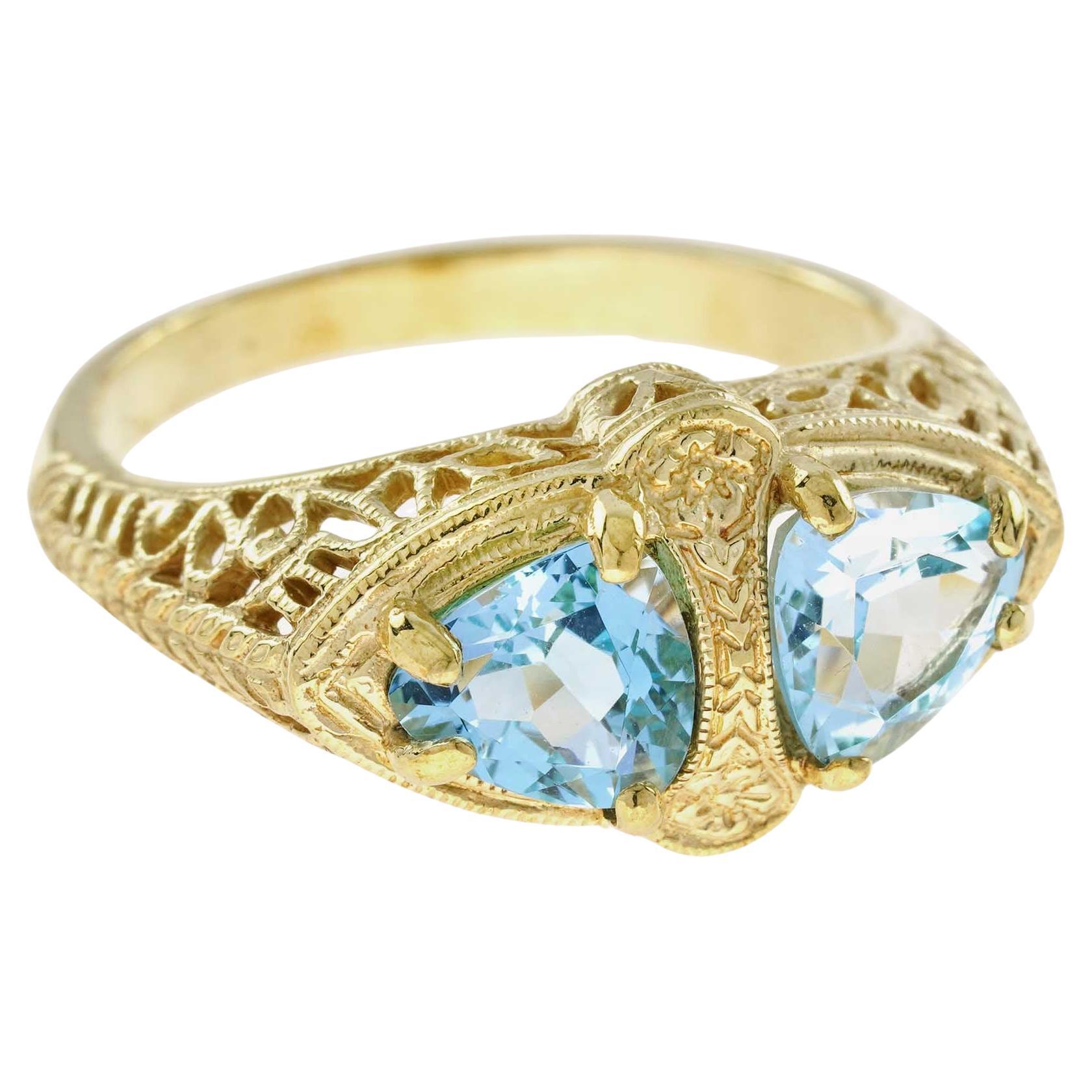 For Sale:  Natural Blue Topaz Vintage Style Filigree Double Stone Ring in Solid 9K Gold