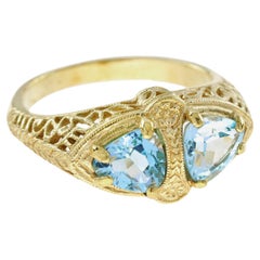 Natural Blue Topaz Vintage Style Filigree Double Stone Ring in Solid 9K Gold