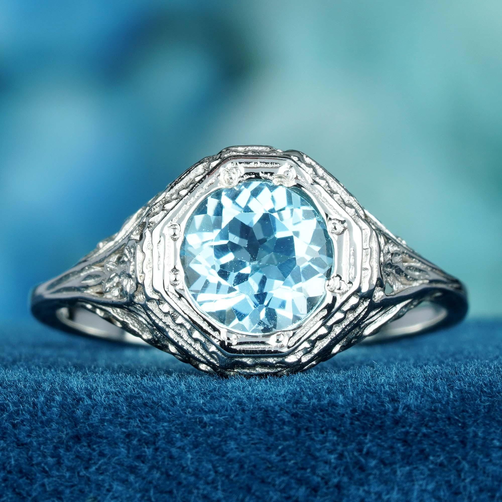 For Sale:  Natural Blue Topaz Vintage Style Filigree Ring in Solid 9K White Gold 2