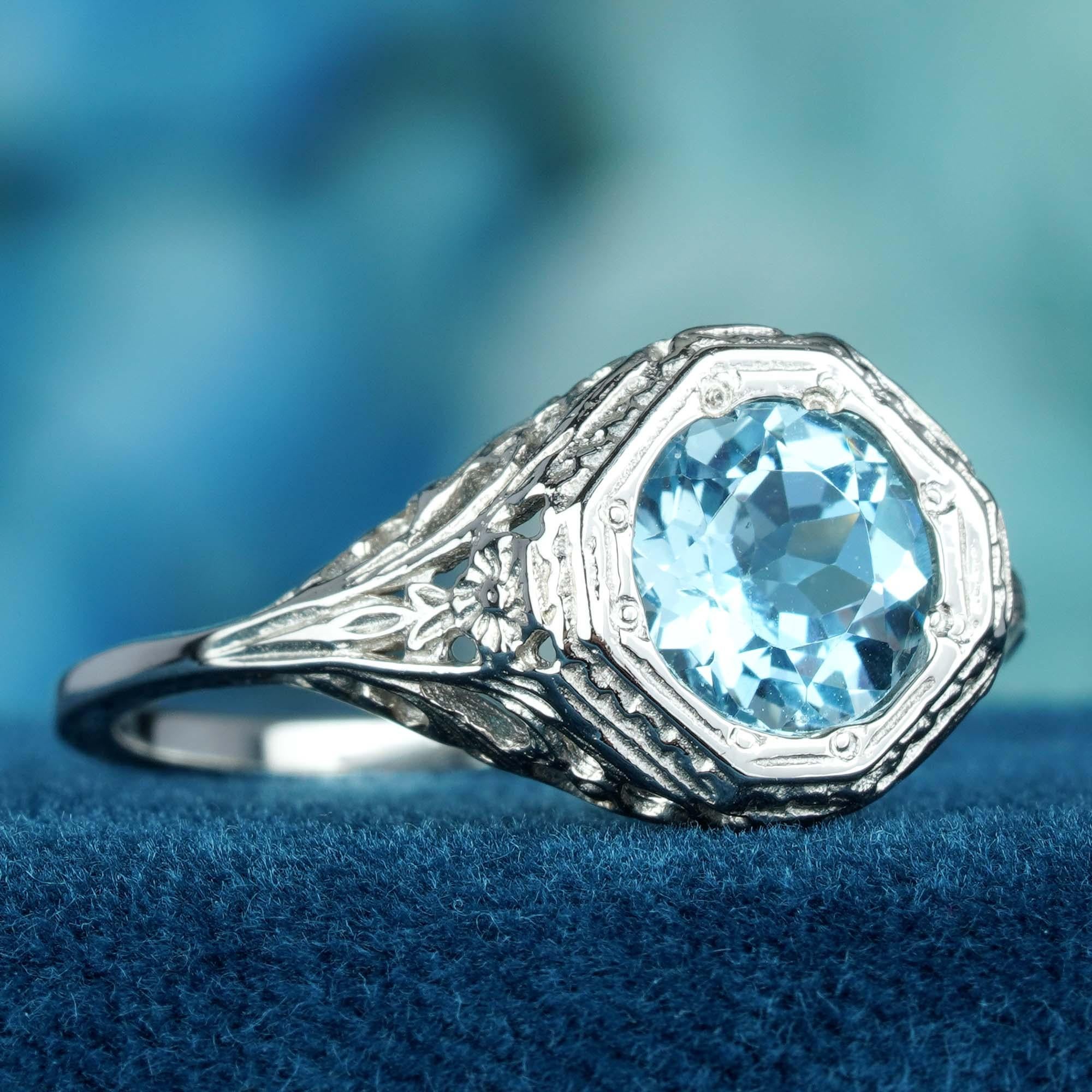 For Sale:  Natural Blue Topaz Vintage Style Filigree Ring in Solid 9K White Gold 3