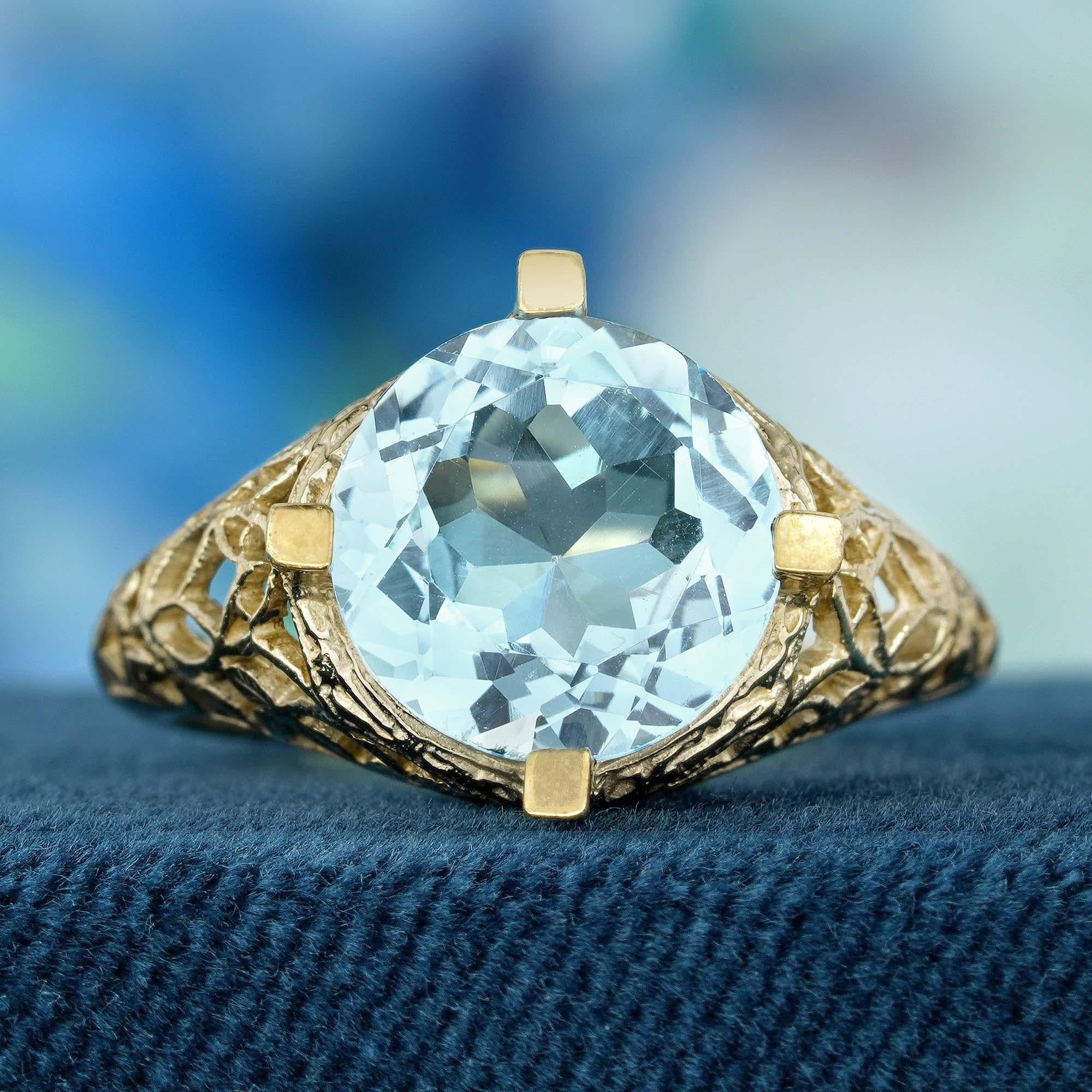 Edwardian Natural Blue Topaz Vintage Style Filigree Ring in Solid 9K Yellow Gold For Sale