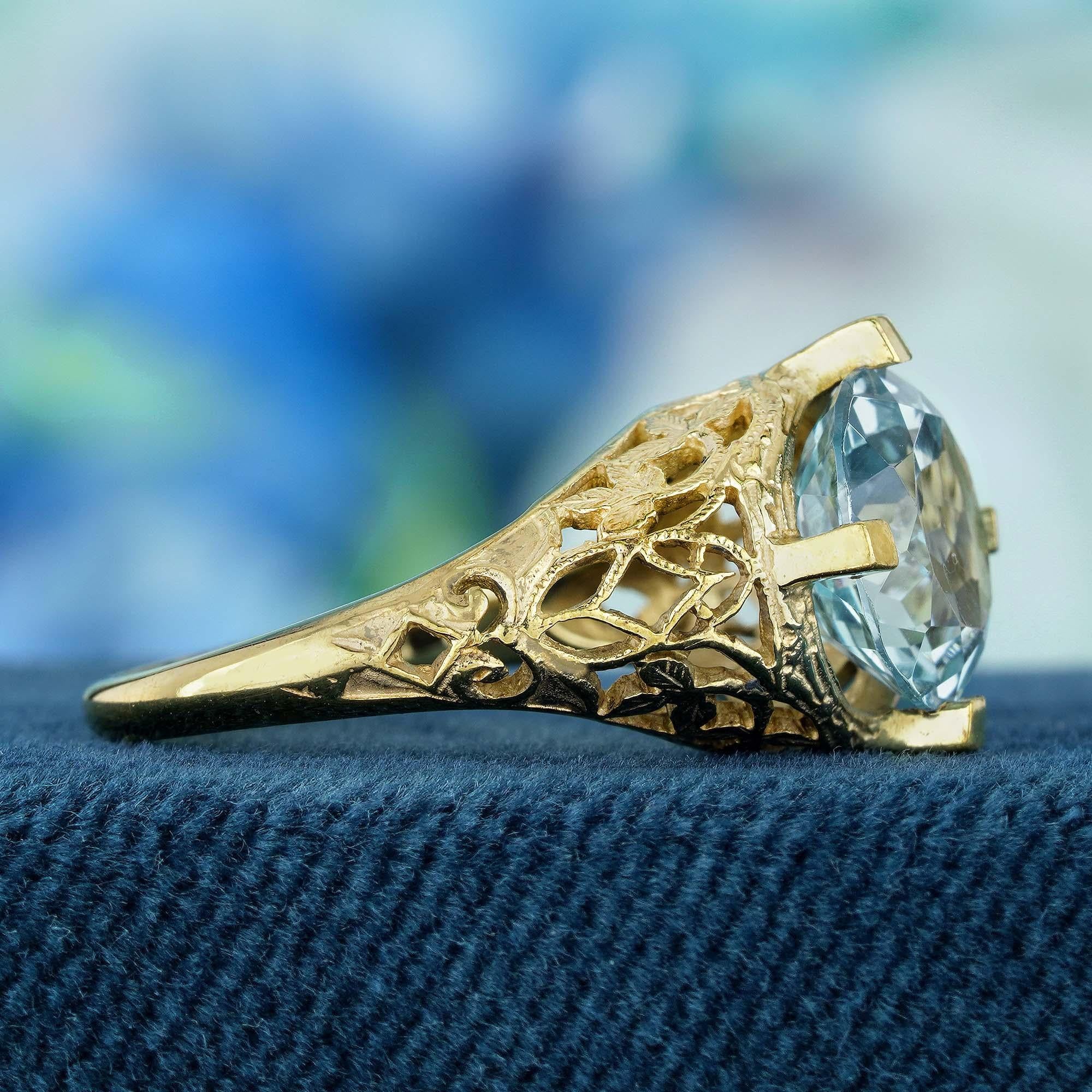 Round Cut Natural Blue Topaz Vintage Style Filigree Ring in Solid 9K Yellow Gold For Sale