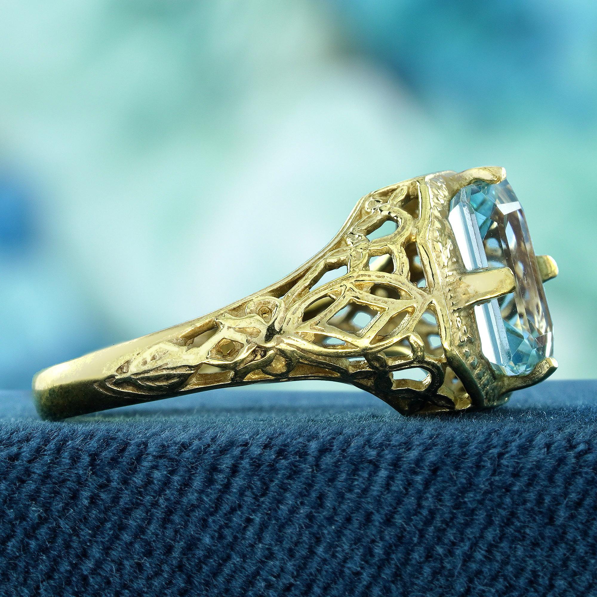 Emerald Cut Natural Blue Topaz Vintage Style Filigree Ring in Solid 9K Yellow Gold For Sale