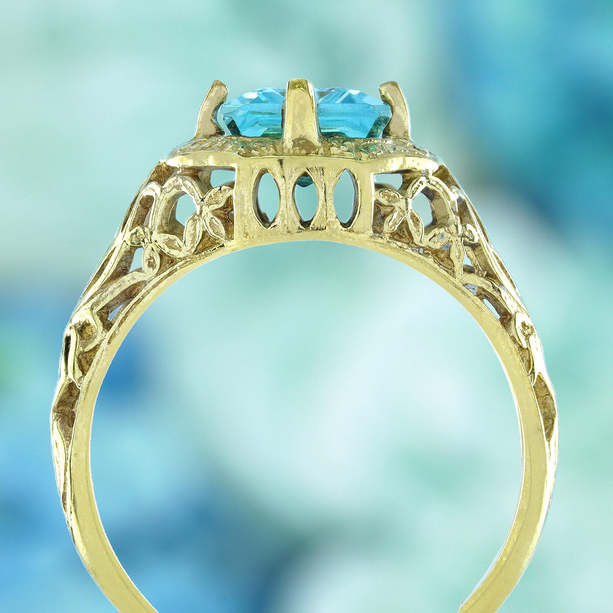 Natural Blue Topaz Vintage Style Filigree Ring in Solid 9K Yellow Gold In New Condition For Sale In Bangkok, TH