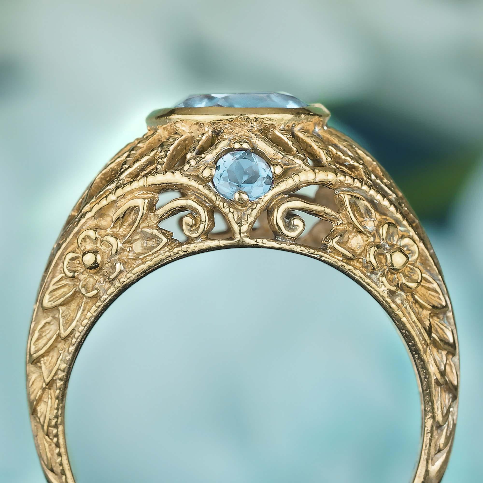 Bague filigrane de style vintage en or jaune massif 9 carats avec topaze bleue naturelle Neuf - En vente à Bangkok, TH