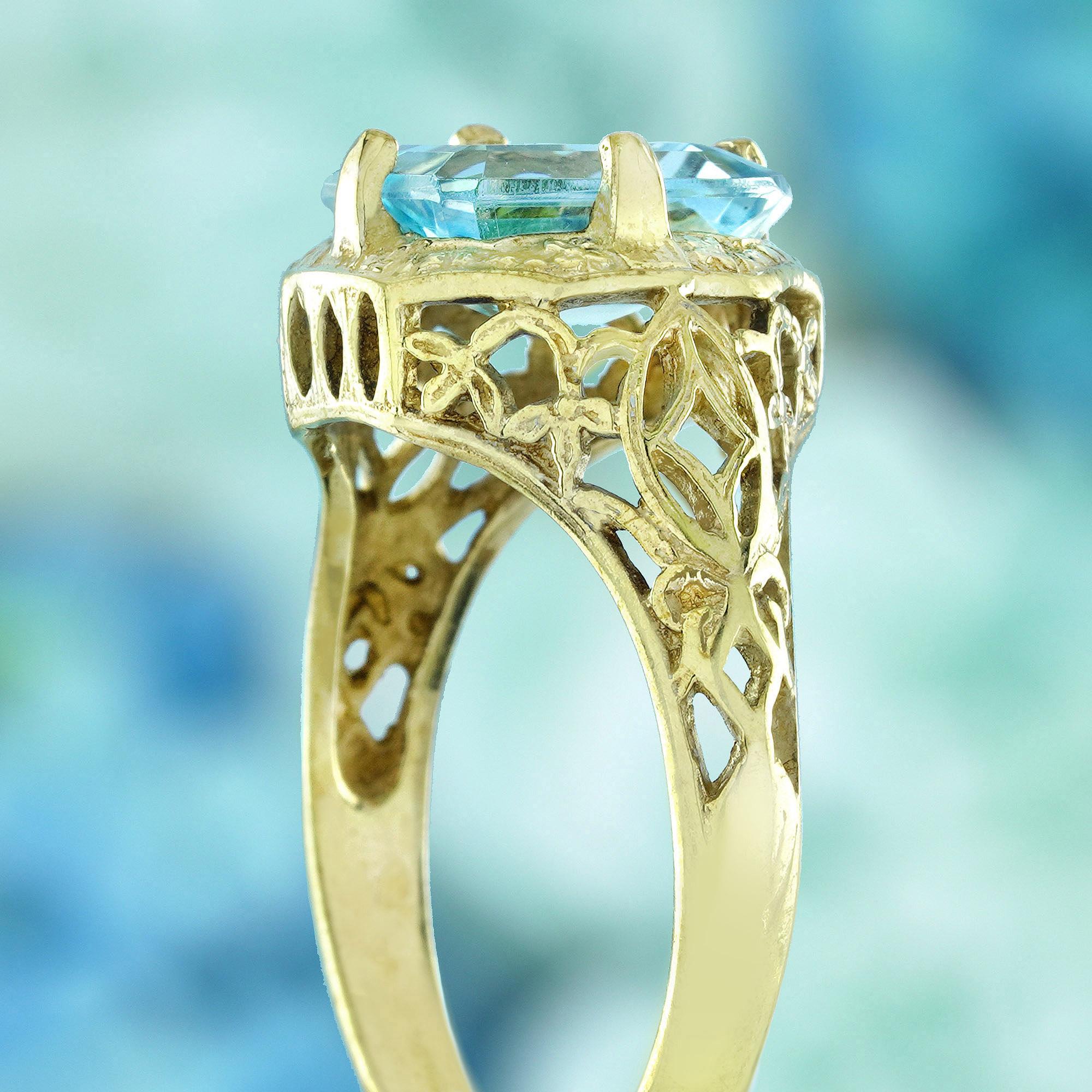 Women's Natural Blue Topaz Vintage Style Filigree Ring in Solid 9K Yellow Gold For Sale