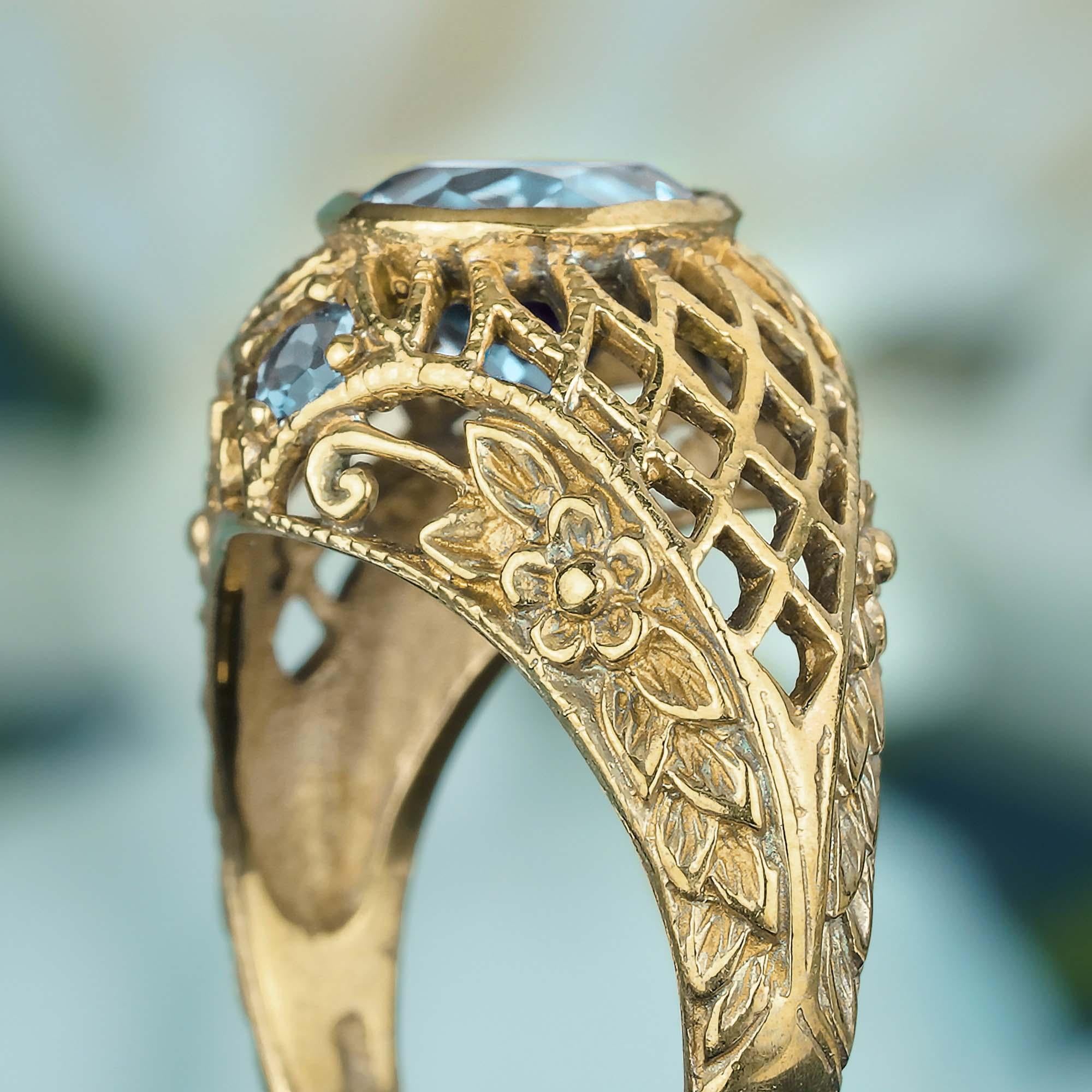 Bague filigrane de style vintage en or jaune massif 9 carats avec topaze bleue naturelle Pour femmes en vente