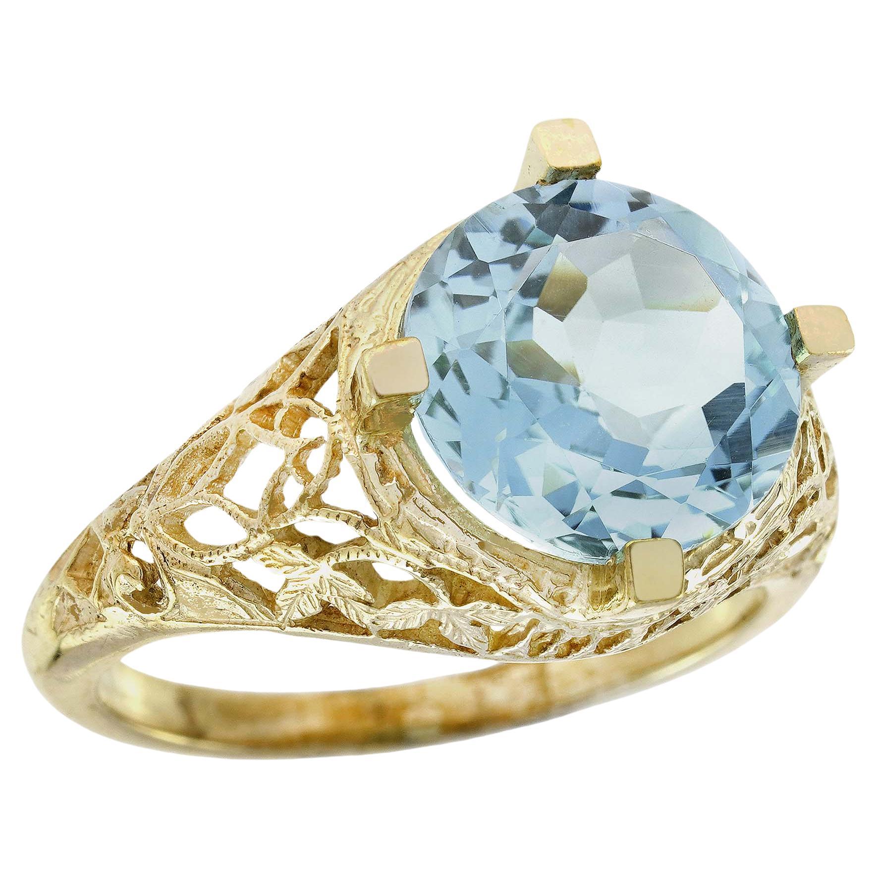 Natural Blue Topaz Vintage Style Filigree Ring in Solid 9K Yellow Gold For Sale