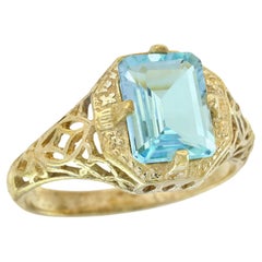 Topacio azul natural Anillo de filigrana estilo vintage en oro amarillo macizo de 9 quilates